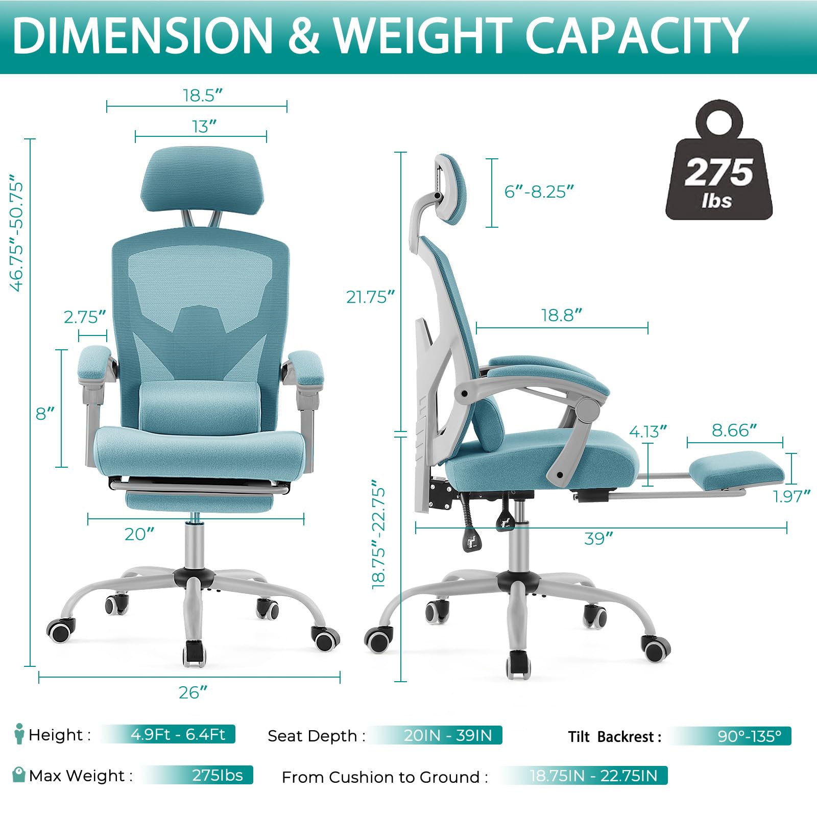 DUMOS Ergonomic Mesh Office Chair with Adjustable Footrest - High Back Swivel Rolling Recliner with Wheels, Headrest & Lumbar Support - Comfortable Armchair for Home Office, Gaming & Study (Blue) - Perfect for Long Work Sessions & Relaxation