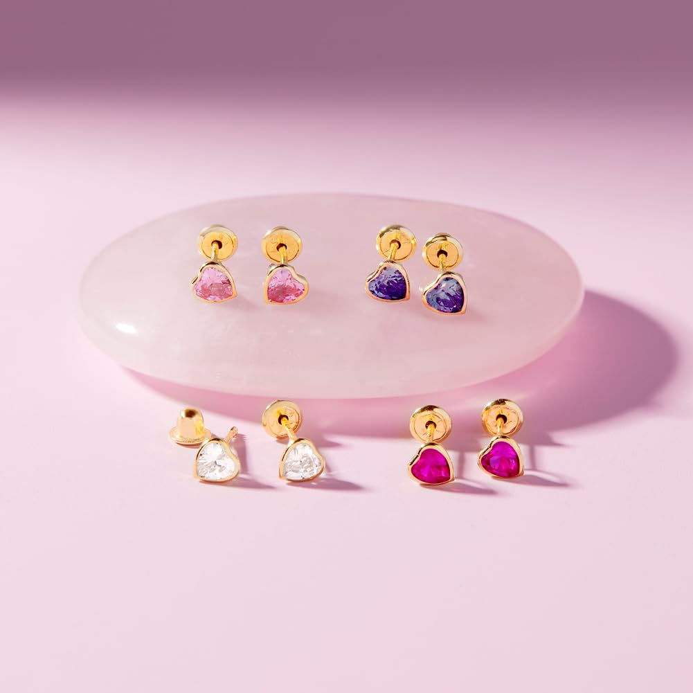 14K Yellow Gold 4mm Bezel Set Heart Cubic Zirconia Screw Back Earrings for Baby Girls, Toddlers & Young Kids - Cute Heart Stud Earrings with Secure Locking Backs - Perfect for Birthdays, Christenings & First Piercing Gifts