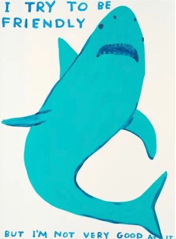 DAVID SHRIGLEY 'I TRY TO BE FRIENDLY' Art Print - Contemporary Wall Decor for Home & Office - Perfect for Living Rooms, Bedrooms or Creative Workspaces