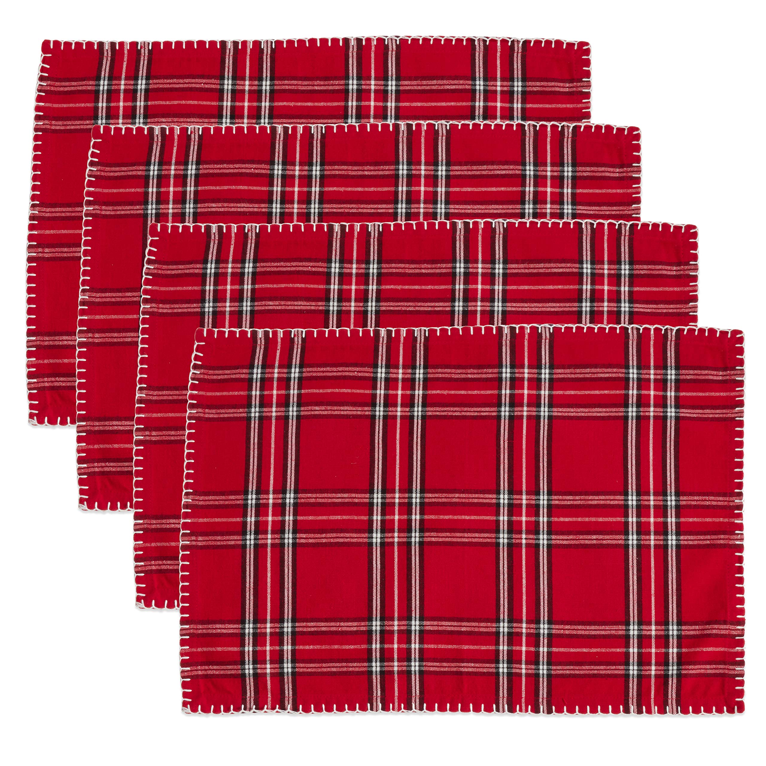 Premium Whipstitch Plaid Placemats Set of 4 - Reversible Cotton Table Mats for Dining Room, Kitchen, and Holiday Decor - Farmhouse & Rustic Home Accessories