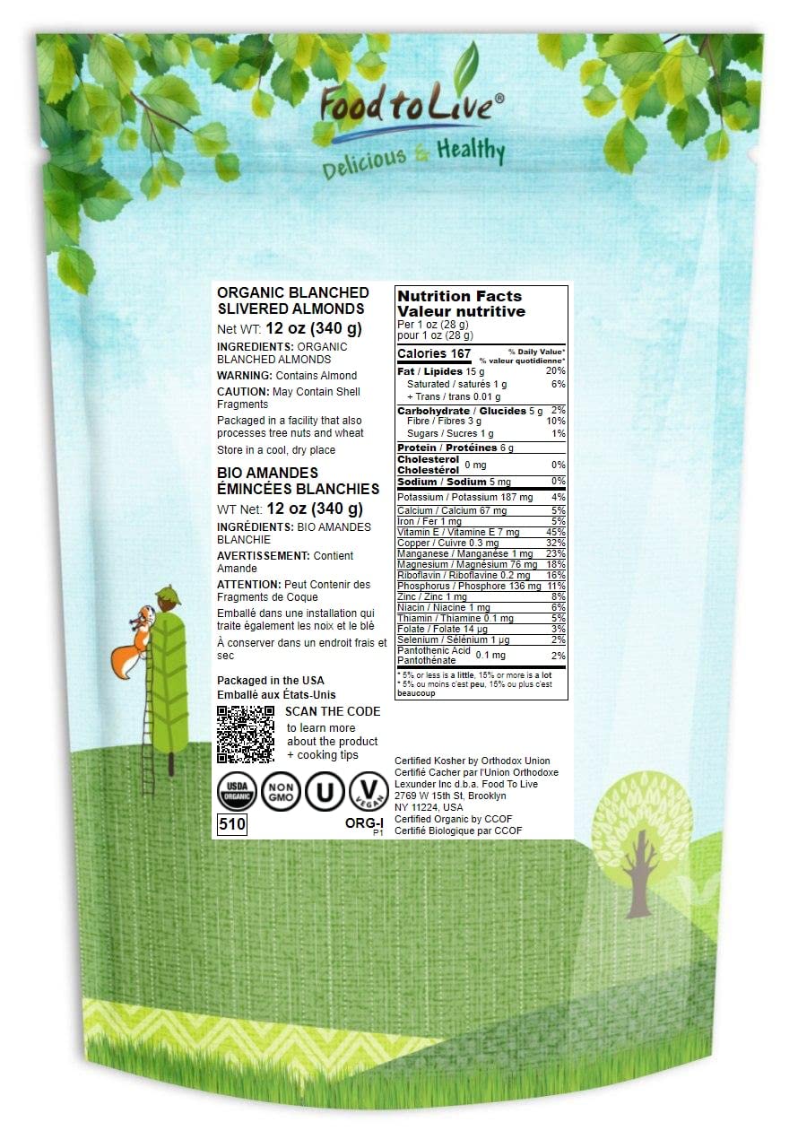 Organic Blanched Slivered Almonds 12oz - Non-GMO, Raw, Vegan, Keto, Paleo, Kosher | High Protein & Fiber | Perfect for Cooking, Baking, Salads, Smoothies & Healthy Snacks