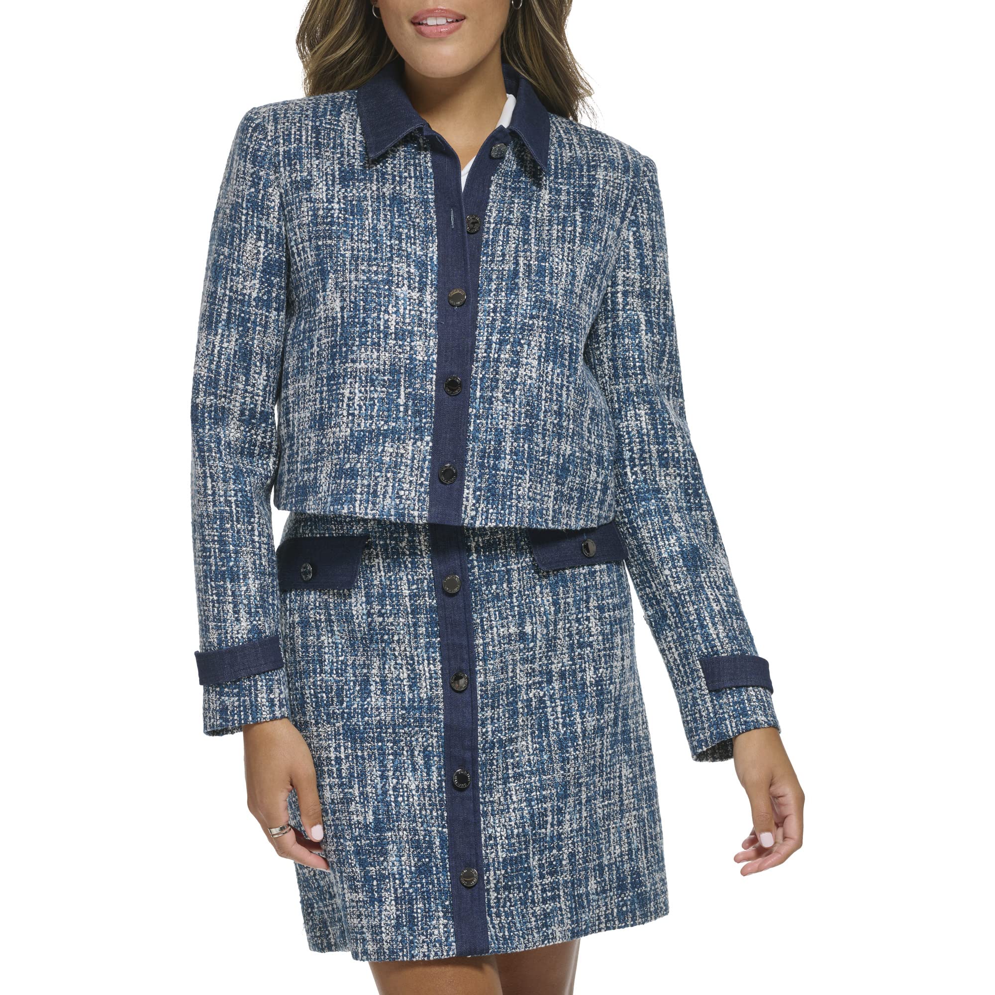 Calvin Klein Women's Denim Trim Suit Blazer Jacket | Slim Fit Stretch Formal Wear for Office, Business Meetings & Smart Casual Outfits