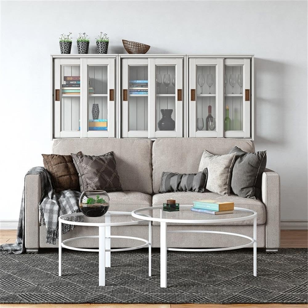 2-Piece White Metal & Glass Nesting Coffee Table Set - Modern Living Room & Office Furniture for Small Spaces