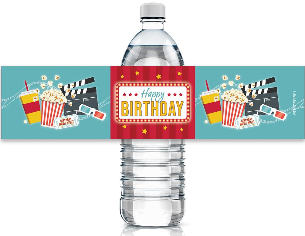Movie Night Water Bottle Labels - 24 Waterproof Wrappers for Birthday Party Decorations, Themed Party Supplies for Kids & Adults - Perfect for Cinema Nights, Birthday Parties & Movie Themed Events