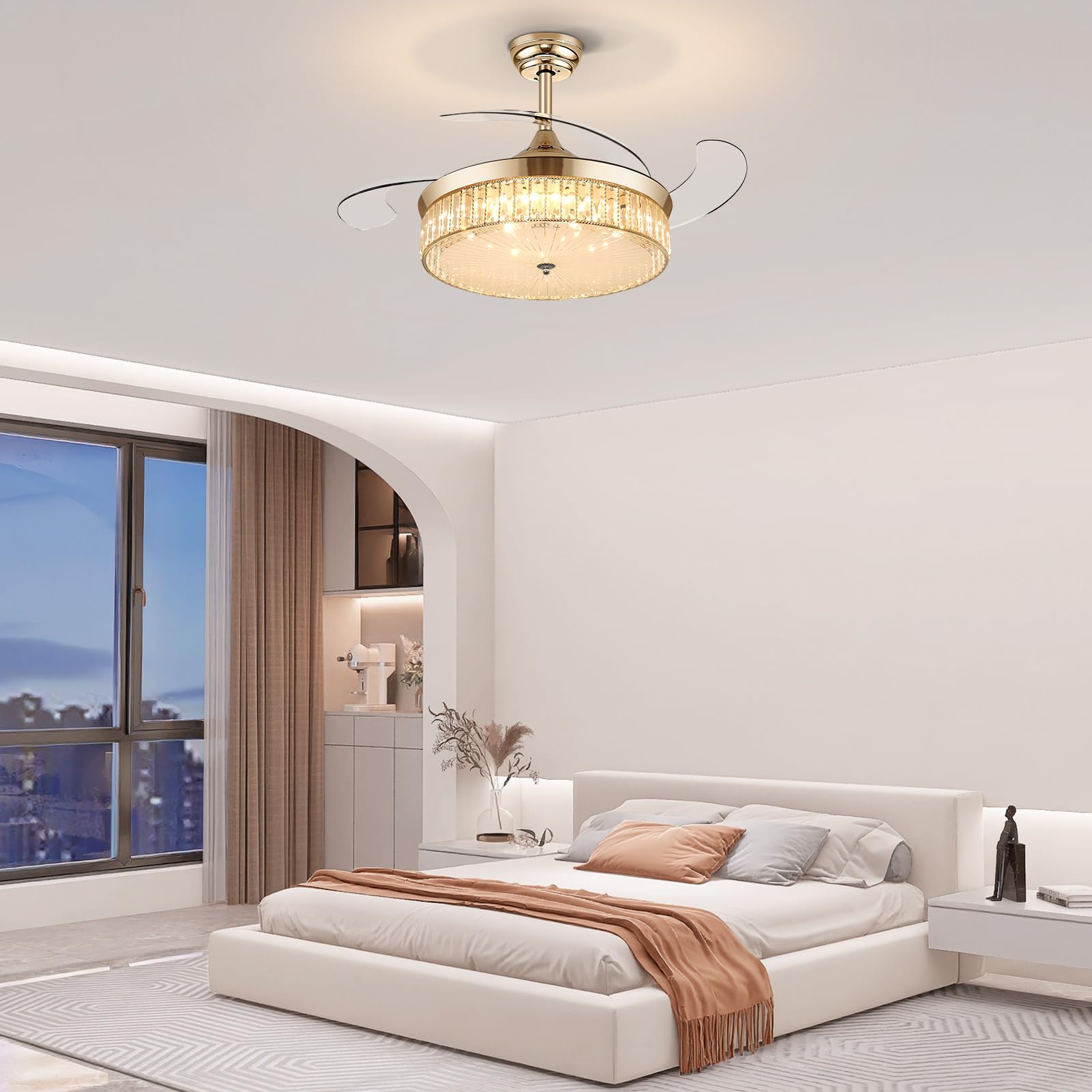Ohniyou 42 Inch Retractable Ceiling Fan with Lights Remote Control, Crystal Chandelier Ceiling Light Fixture, Dimmable Fandelier for Bedroom Living Room Dining Room Indoor Use (Gold) - Perfect for Home Cooling and Stylish Lighting Decor