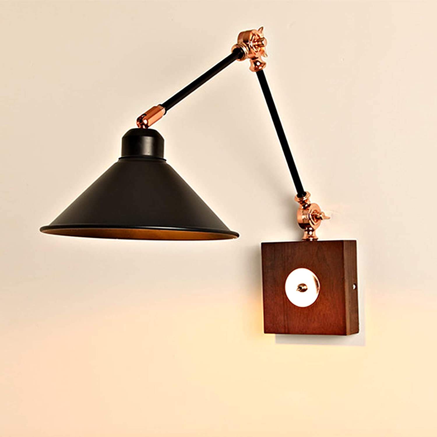 Vintage Industrial E27 Wall Light - Adjustable Swing Arm with 180° Swivel Shade, Wood & Metal Design for Bedroom, Study, or Reading Lamp - Perfect for Bedside, Office, and Living Room Decor