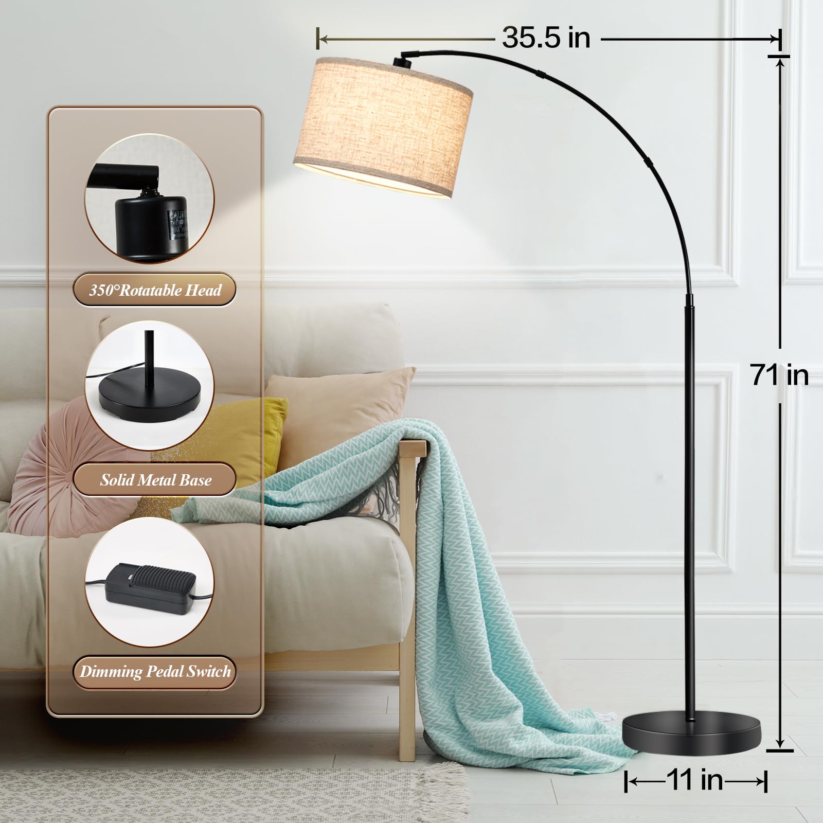 Modern Dimmable Arc Floor Lamp with Adjustable Head - Black Standing Light for Living Room, Bedroom & Office - Includes 8W LED Bulb - Perfect for Reading, Over Couch Lighting & Home Decor