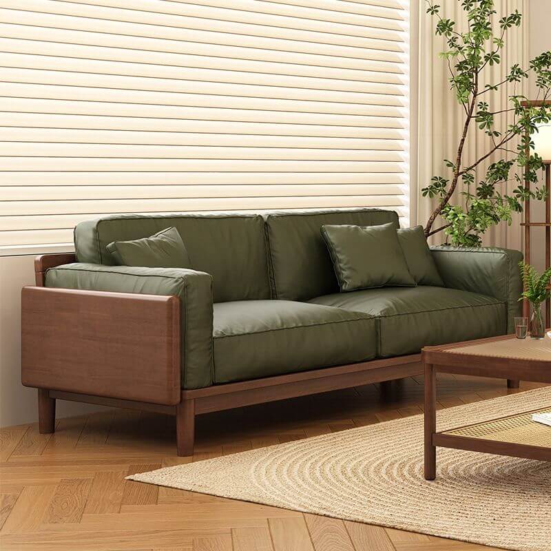 Minimalist Lime Green Scratch-Resistant Sofa & Loveseat with Wood Square Arms, Wide Pillow Back & 3 Throw Pillows - 3/4/5 Seater for Living Room, Lounge & Home Office