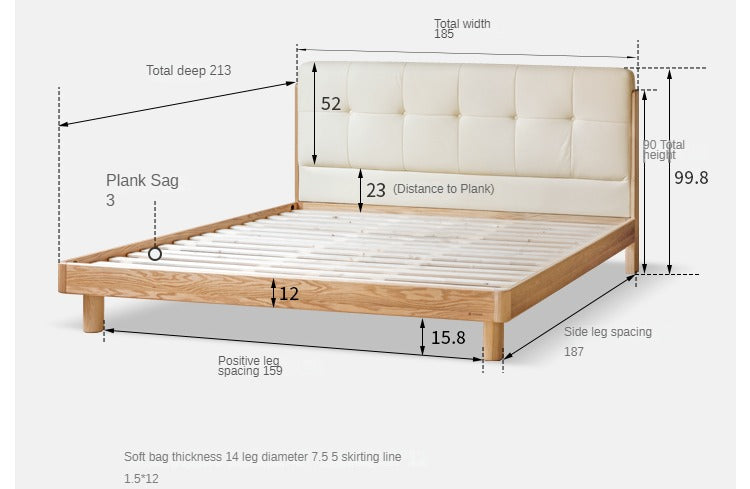 Solid Oak Wood Nordic Soft Back Bed - Modern Minimalist Design for Bedroom & Guest Room