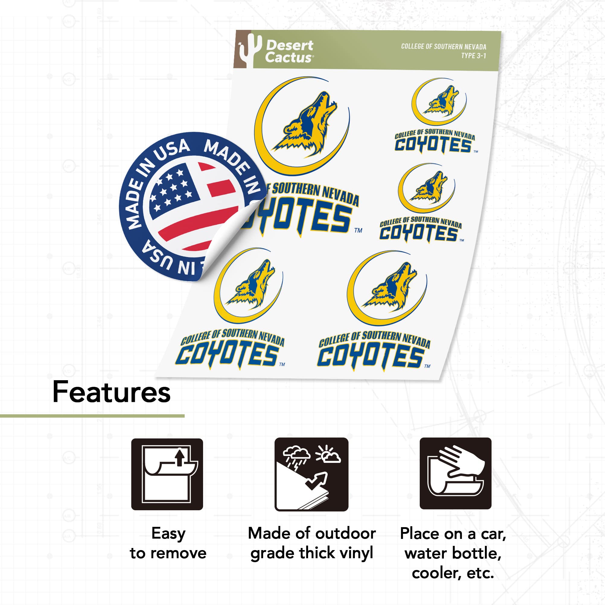 CSN Coyotes Vinyl Decals - Desert Cactus Southern Nevada College Stickers for Laptop, Water Bottle, Car & Scrapbook | Durable Waterproof Decals for School Spirit & Fan Gear