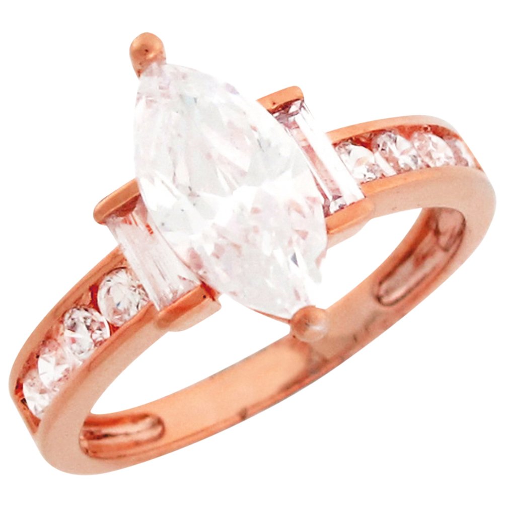10K Rose Gold 3 Stone Marquise and Baguette CZ Engagement Ring with Accent Diamonds - Jewelry Liquidation Sale - Perfect for Weddings, Proposals & Anniversary Gifts