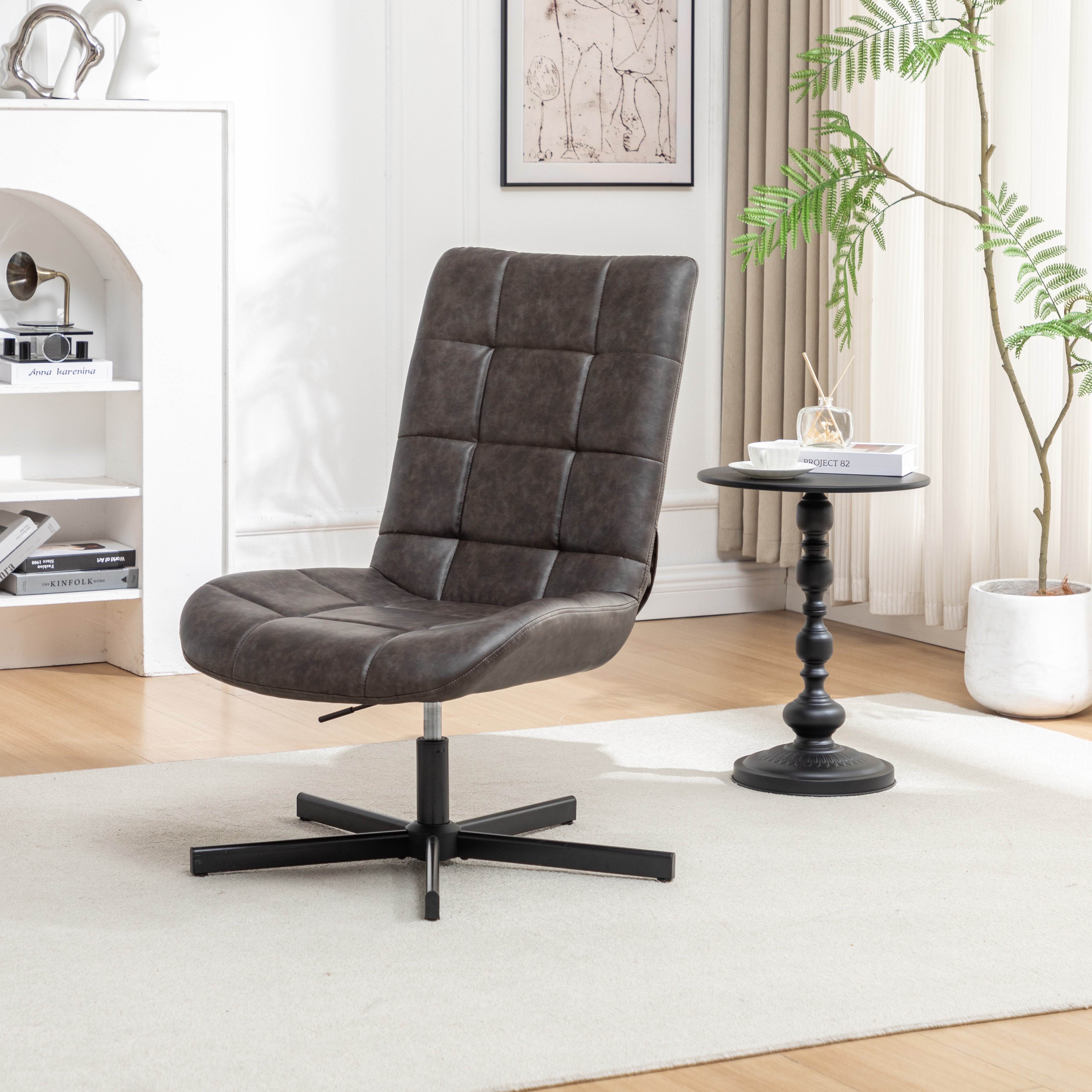 Roundhill Furniture Arlena Faux Leather Tufted Swivel Accent Chair - Modern Living Room Lounge Chair for Home Office, Reading Nook & Bedroom Decor