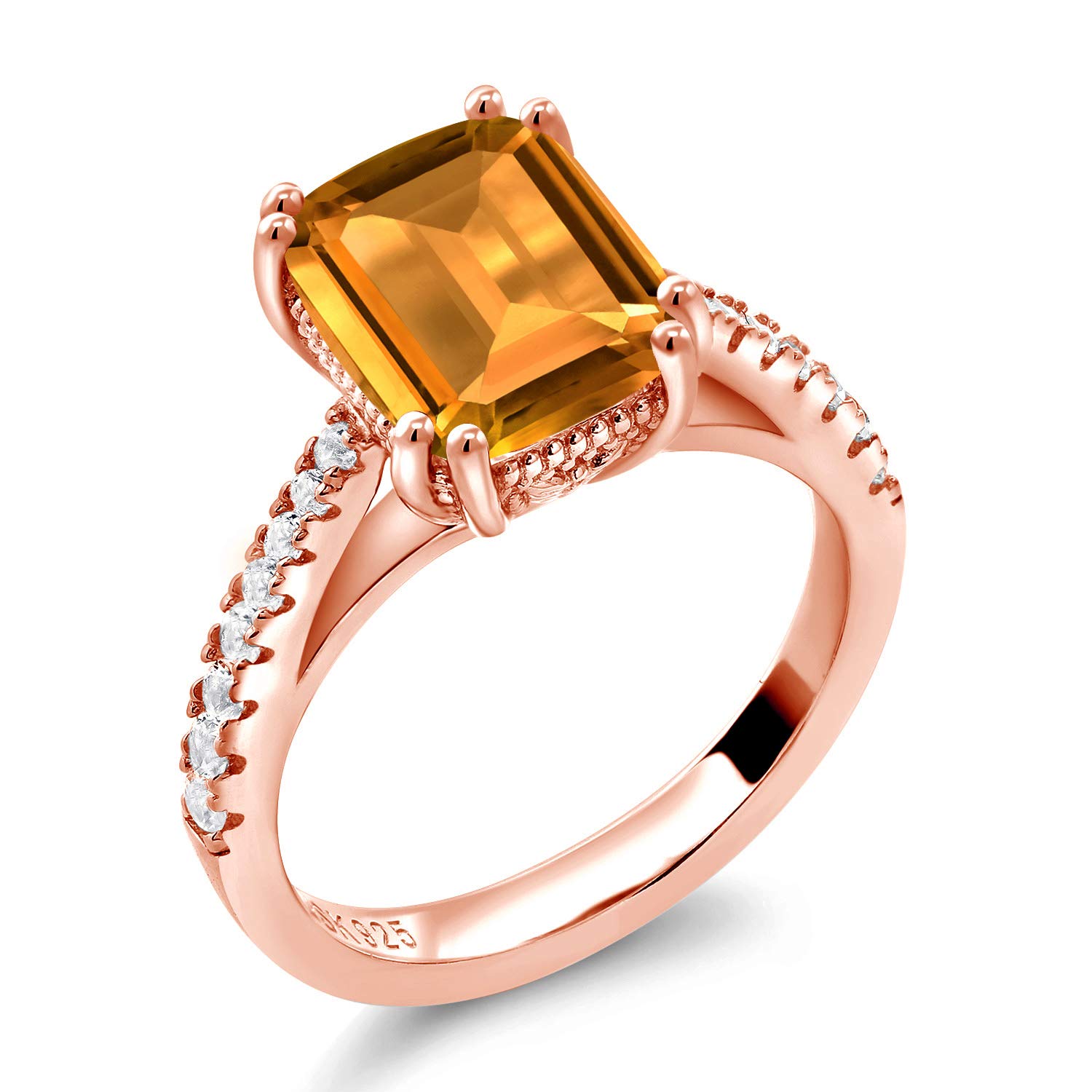 3.20 Ct Natural Yellow Citrine & White Created Sapphire 18K Rose Gold Plated Sterling Silver Ring for Women - Elegant Jewelry Gift for Birthday, Anniversary & Special Occasions