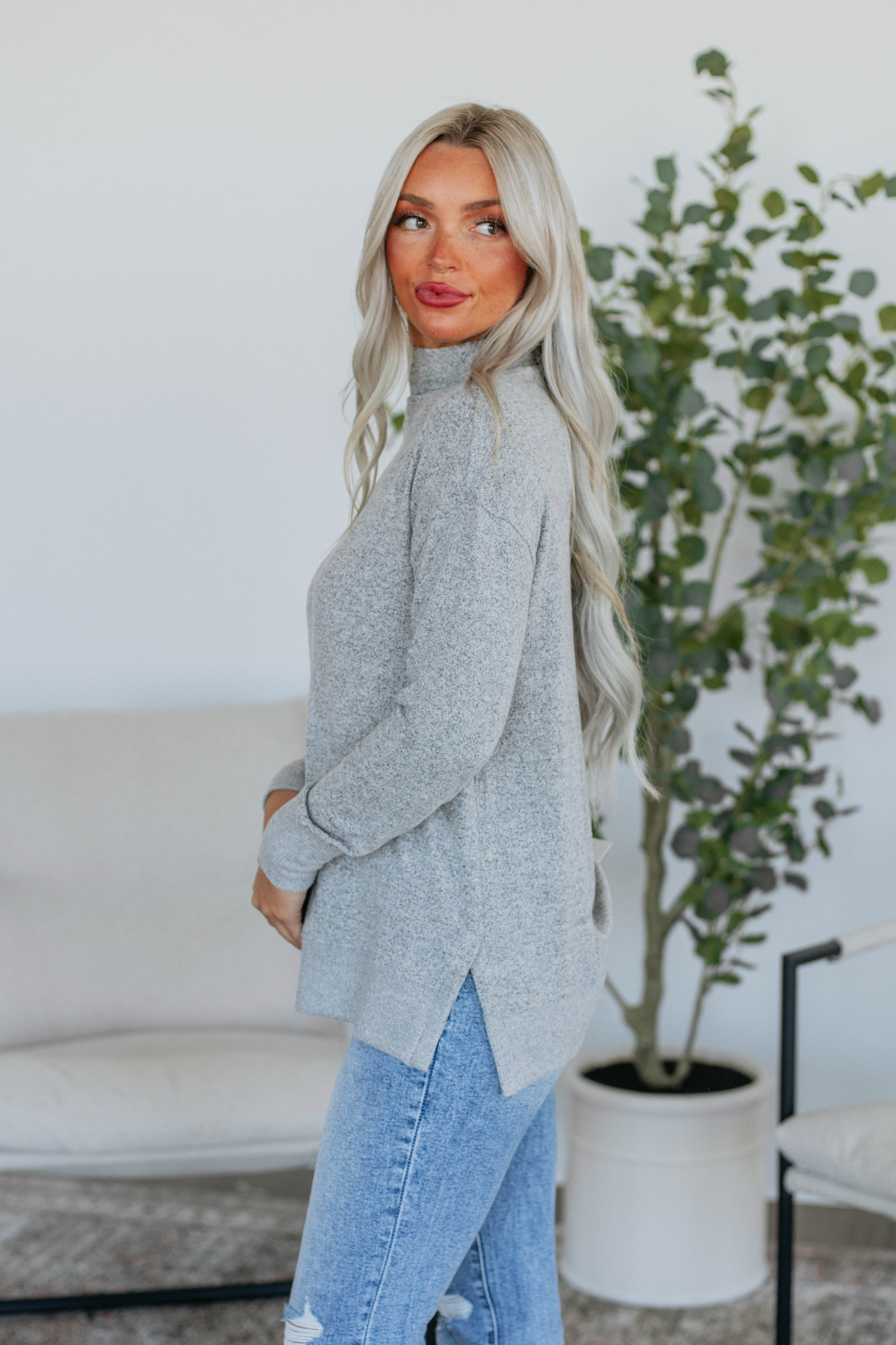 Rachelle Mock Neck Top for Women - Soft Heather Grey Knit Blouse - Perfect for Work, Office & Casual Outfits