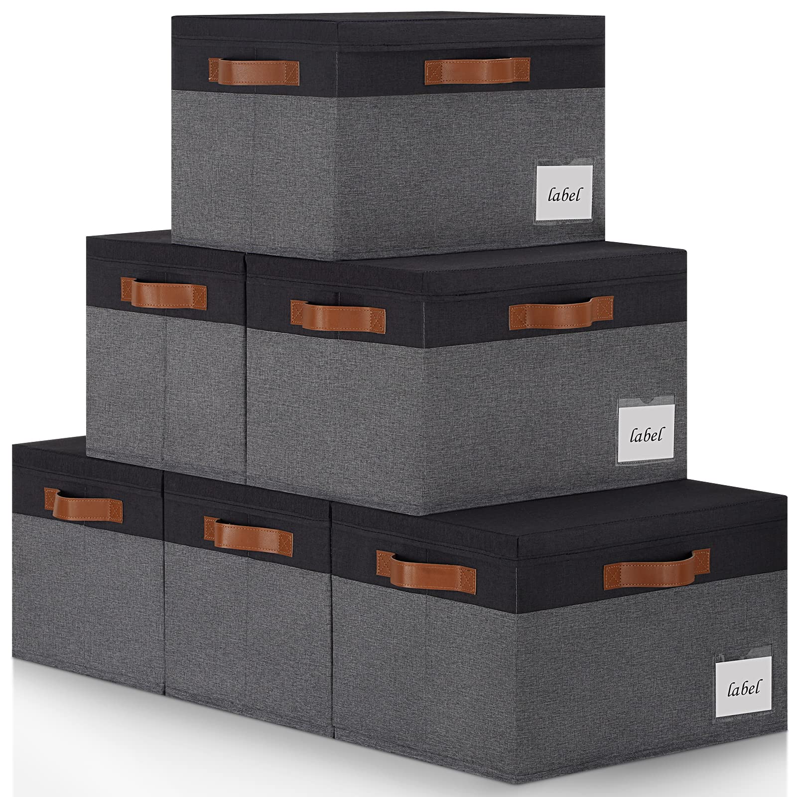 Extra Large Foldable Fabric Storage Bins with Lids - 32L Sturdy Closet Organizer Baskets with 3 PU Handles & Labels for Home, Bedroom, Office (Grey & Black) - Perfect for Seasonal Clothes, Toys, Blankets & Home Organization
