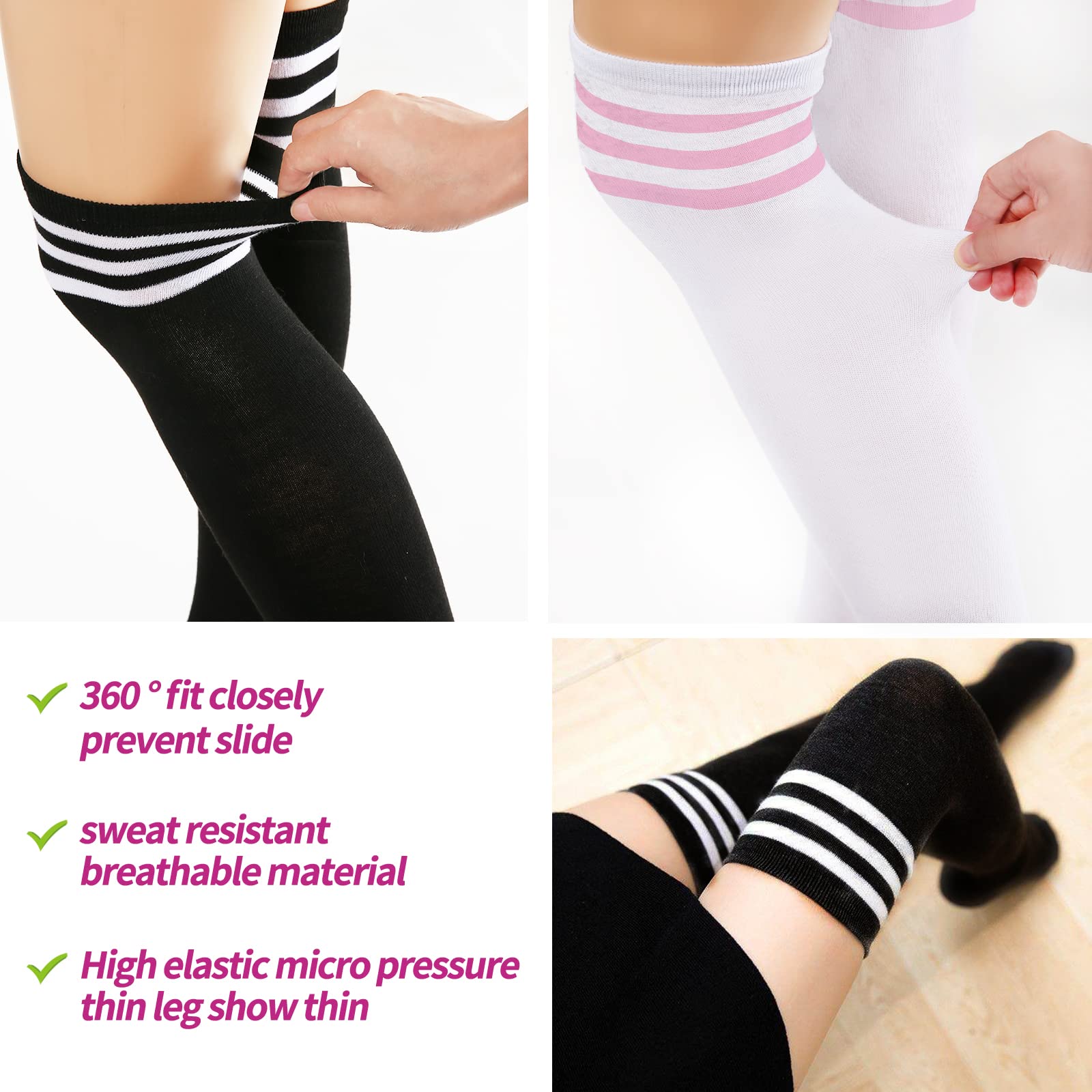 YOGINGO 2 PCS Thigh High Socks for Women - Cotton Striped Over Knee Socks for Daily Wear & Cosplay