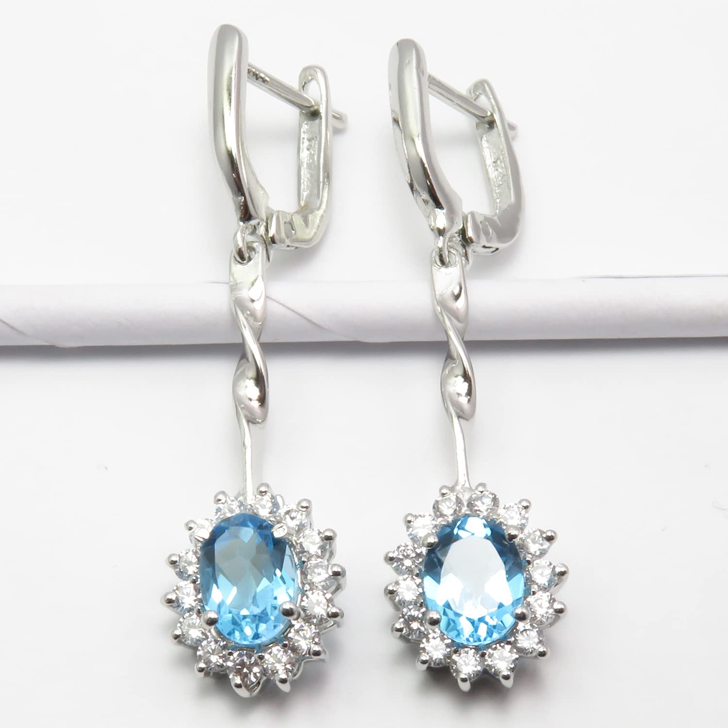 925 Sterling Silver Oval Blue Topaz Drop Earrings 4.4cm - Elegant Wedding & Party Jewelry for Women - Perfect for Bridal, Evening Wear & Special Occasions