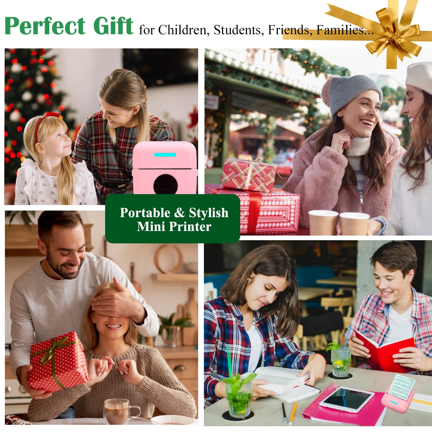 Mini Portable Inkless Sticker Printer - Wireless Thermal Printer for iPhone & Android with 12 Rolls Paper - Print Notes, Photos, Labels & Receipts - Perfect for Home, Office, School & Travel (Pink)