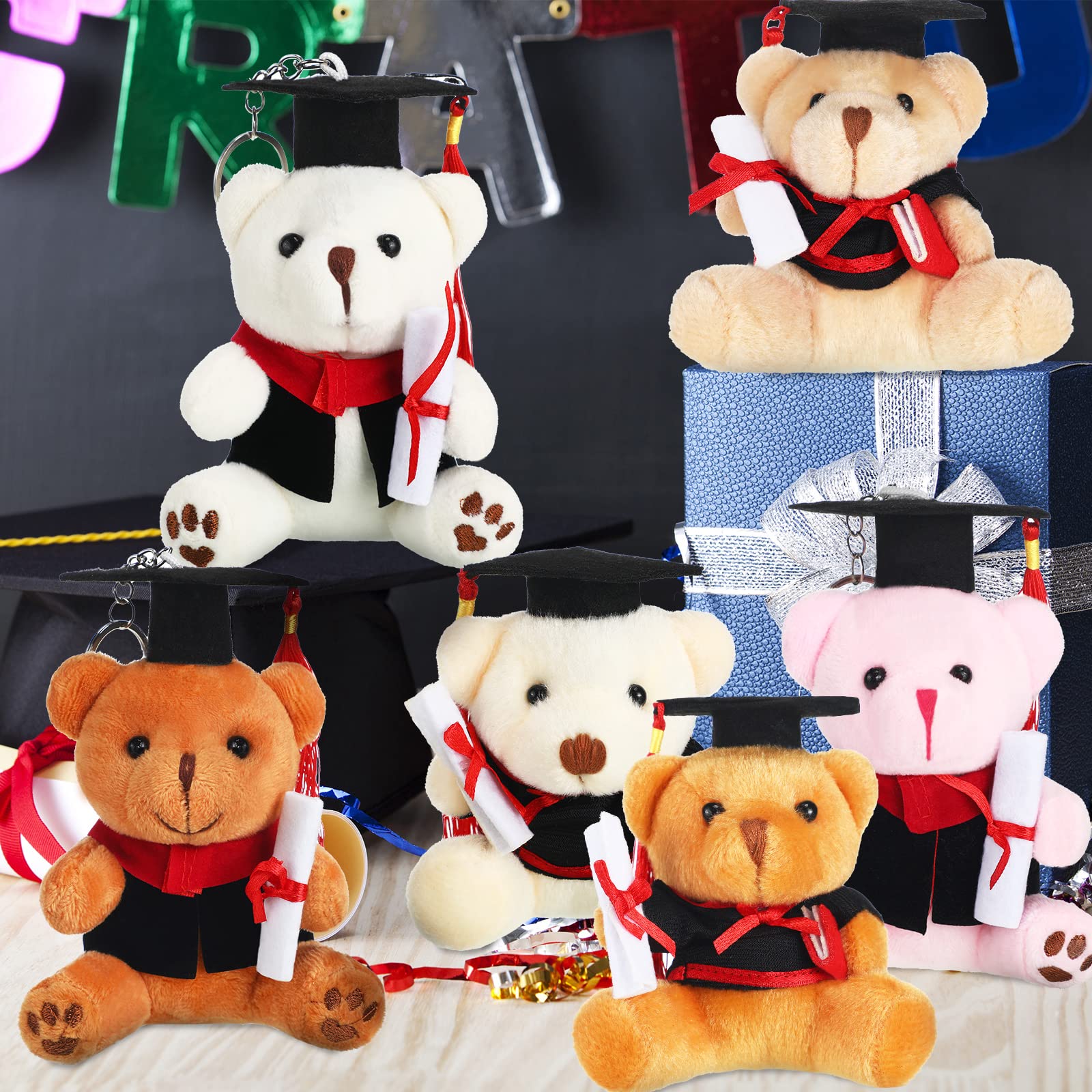 Skylety 6-Piece Plush Graduation Bears Set - Soft Stuffed Animals with Black Caps & Keychains for Preschool, Kindergarten, Elementary, High School & College Graduation Gifts - Perfect for Graduation Parties, Decorations & Keepsakes