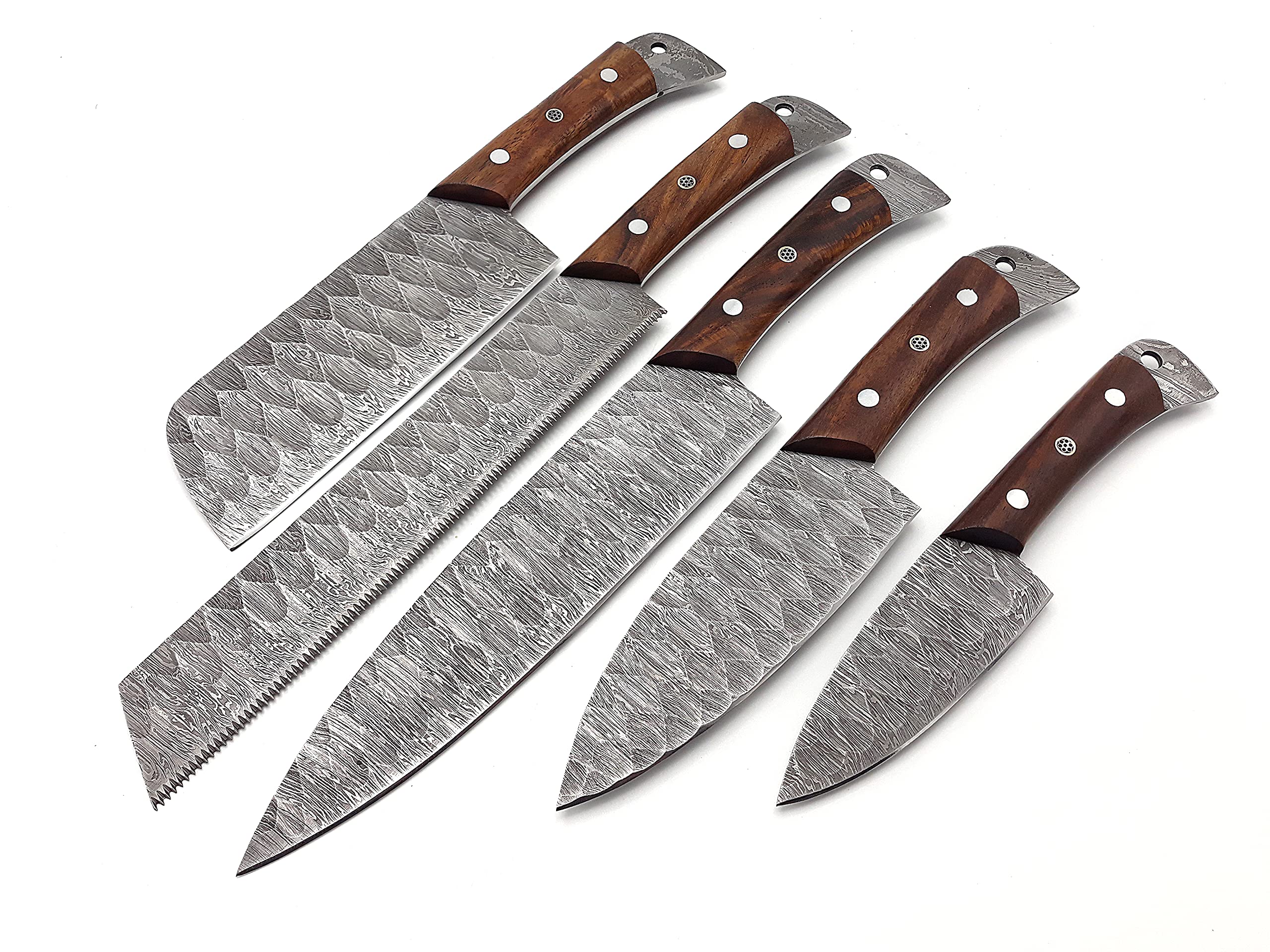 Premium Nooraki Handmade Damascus Steel Knife Set - 5-Piece Full Tang Rosewood Handle Chef, Butcher, Bread, Paring & Skinning Knives with Leather Case - Perfect for Professional Chefs, Home Cooking & Outdoor Adventures