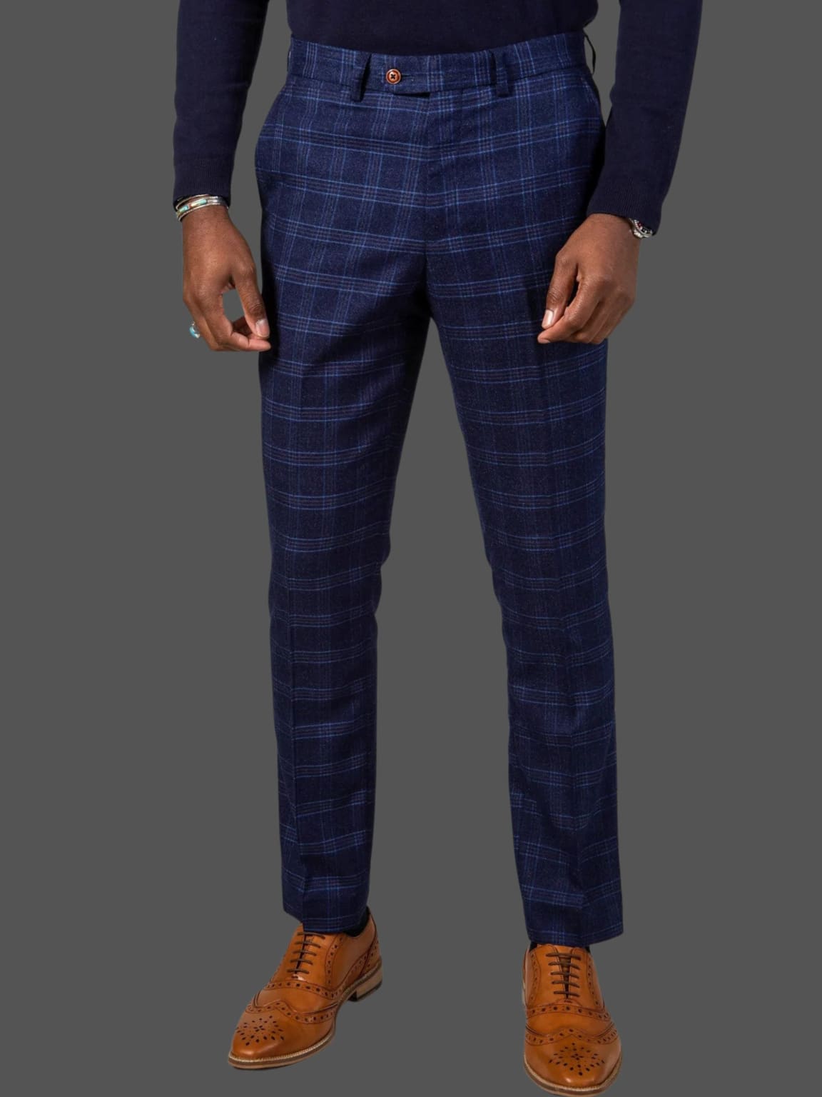 Marc Darcy Blue Tweed Check Chigwell Trousers for Men - Classic British Style Formal Pants for Office, Wedding & Business Occasions