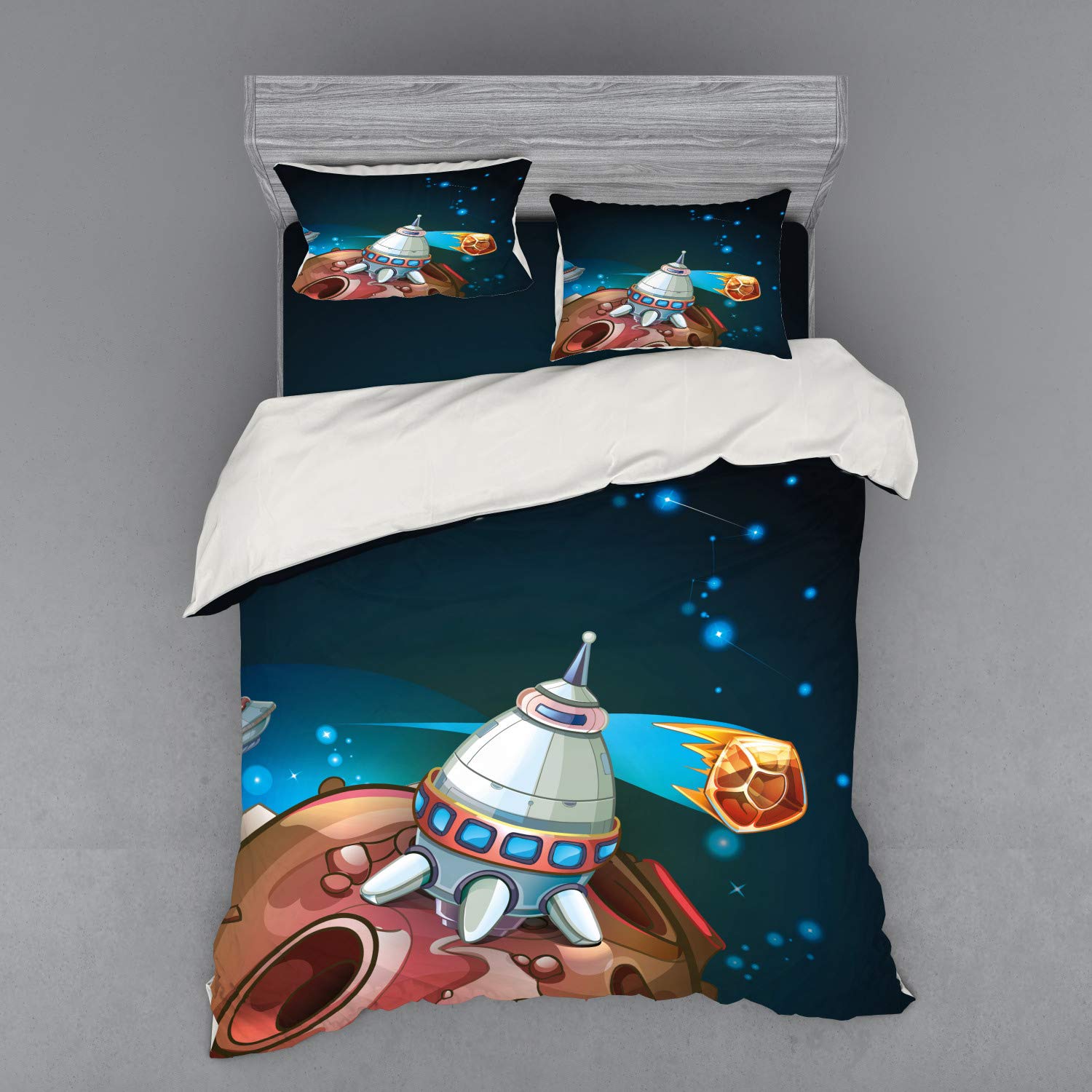 Ambesonne Spacecraft Planets Duvet Cover Set - Queen Size 4-Piece Bedding with Shams & Fitted Sheet - Outer Space Galaxy Cosmic Theme with Rocket Stars Illustration - Perfect for Kids Room, Sci-Fi Lovers & Astronomy Themed Bedrooms