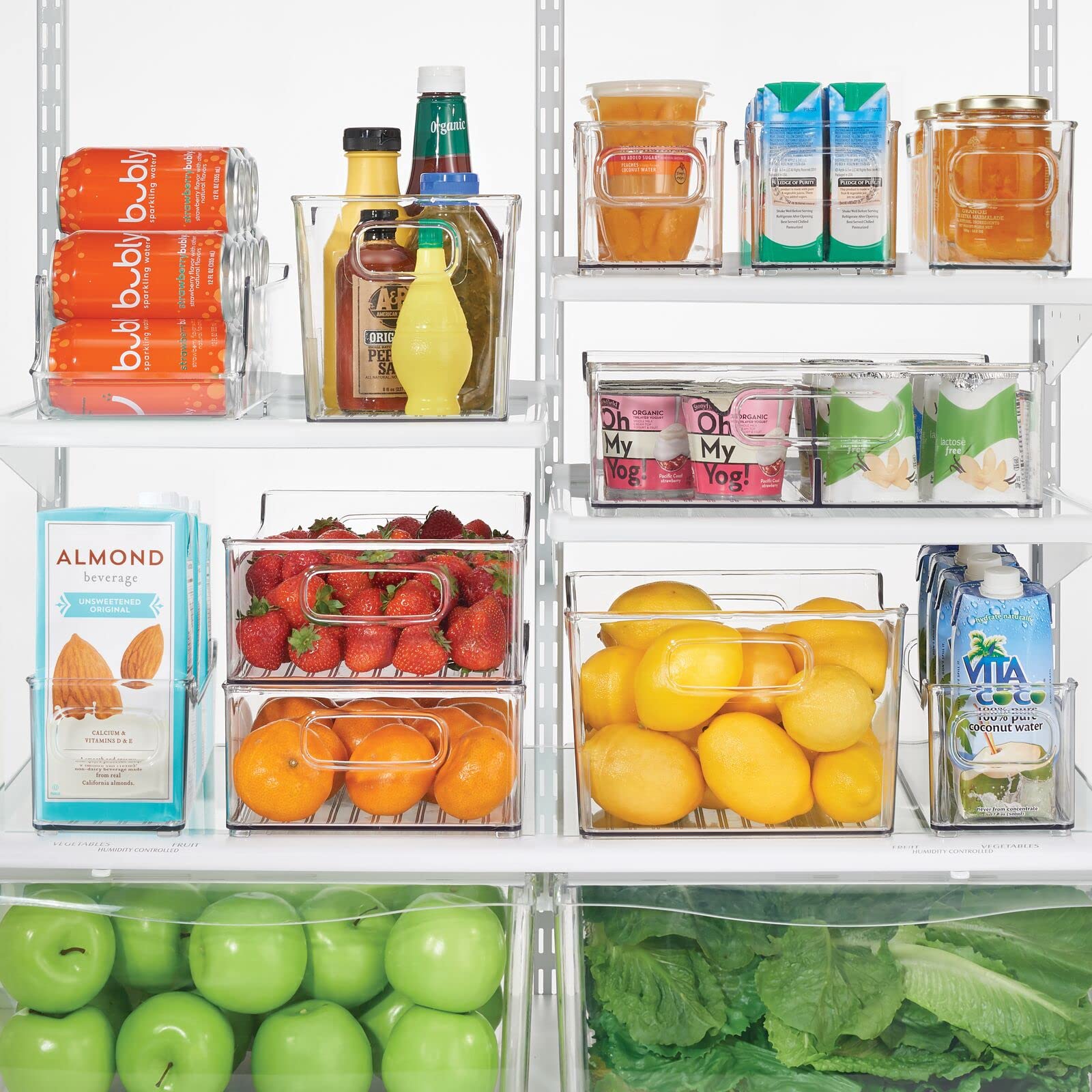 mDesign Clear Plastic Kitchen Storage Bins with Handles - 4 Pack Pantry Organizer for Food, Fruits, Yogurt & Squeeze Pouches - Cabinet, Refrigerator & Freezer Storage Solutions - Perfect for Kitchen Organization & Space Saving