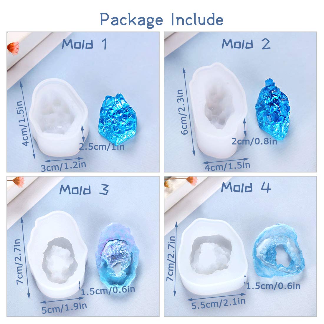 FineInno 4PCS Crystal Cluster Resin Molds - Small Quartz Silicone Molds for Epoxy Resin Casting, DIY Jewelry Making, Pendant Craft - Perfect for Home Decor, Gift Making & Geode Art Projects