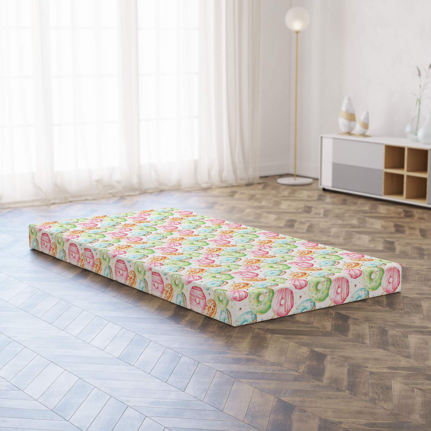Ambesonne Colorful Foldable Mattress - Soft & Comfortable Donut Pattern Guest Bed - Perfect for Sleepovers, Camping & Kids Rooms