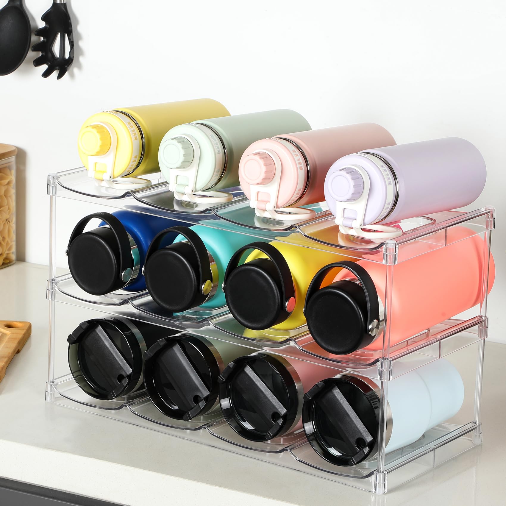 3 Tier Stackable Water Bottle Organizer Holder for Cabinet - Clear Plastic Storage Rack for Stanley 40 oz Tumblers & Large Cups - Space Saving Kitchen Countertop, Pantry, Fridge Organizer (Holds 12 Bottles) - Perfect for Home, Office, Dorm & RV Organization