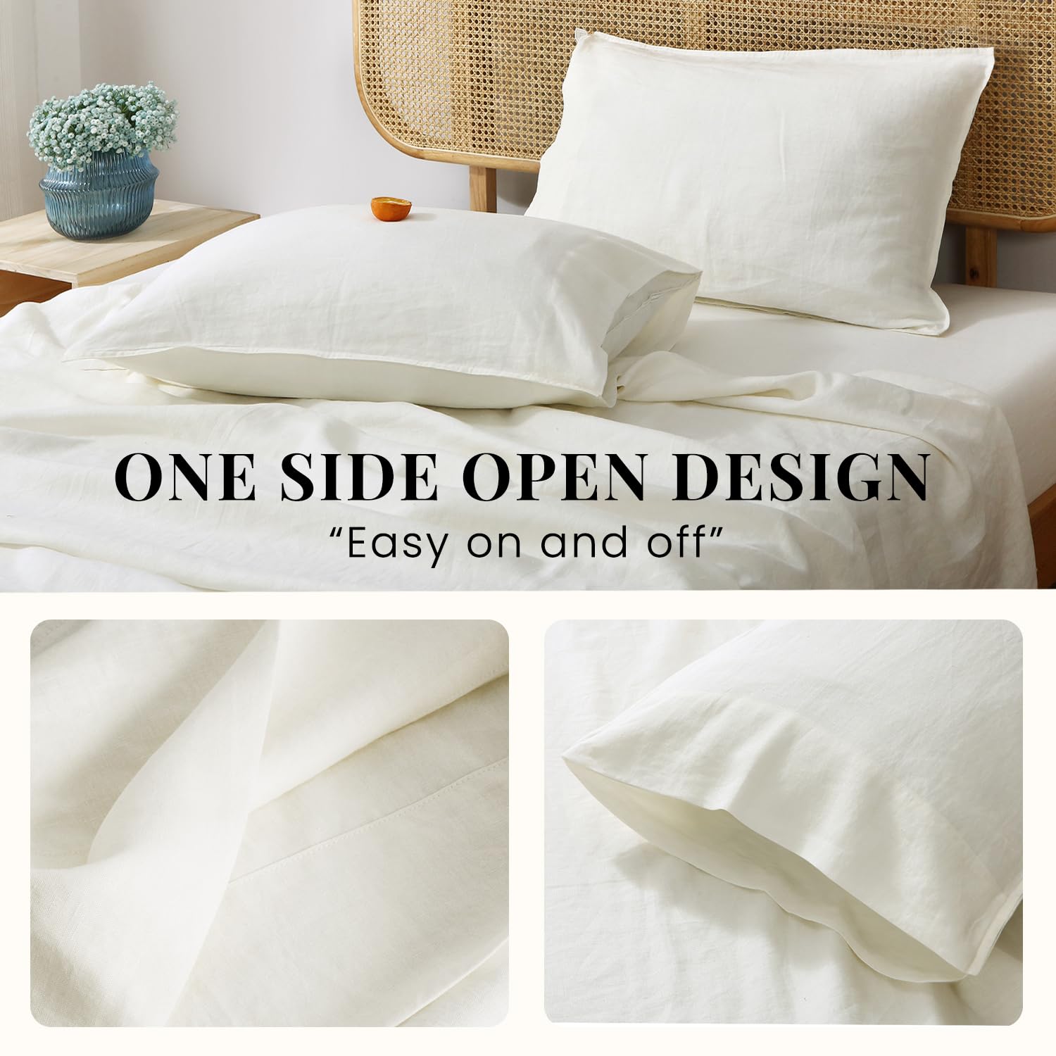 100% Organic French Linen Sheets Set - Queen Size Stone Washed Flax Bedding in Creamy White | Ultra Soft & Breathable | Perfect for Luxury Bedrooms, Guest Rooms & Eco-Friendly Homes