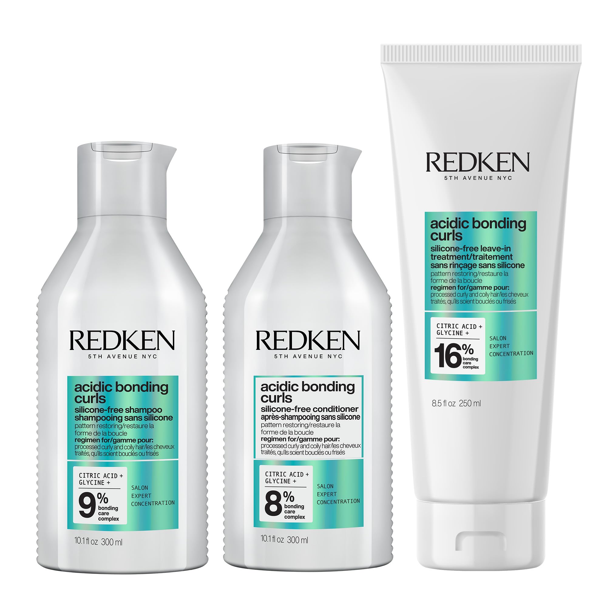 REDKEN Acidic Bonding Curls Shampoo, Conditioner & Leave-In Treatment Set for Coily & Curly Hair | Curl Definition & Control with Citric Acid, Avocado Oil & Shea Butter | Silicone-Free Hair Care | Perfect for Daily Use & Salon-Quality Results at Home