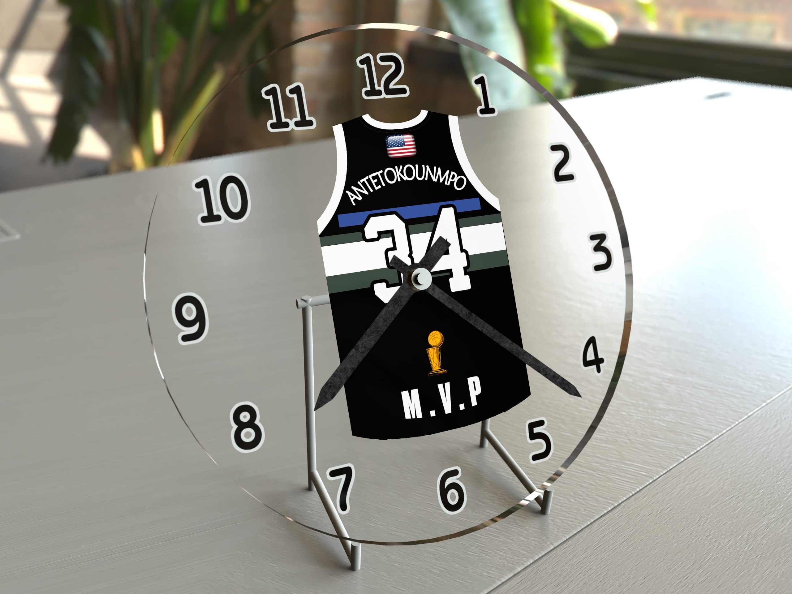 Giannis Antetokounmpo 34 Milwaukee Bucks Jersey Themed Desk Clock - Basketball Legends Collectible for Office, Home Decor & Sports Fan Gifts