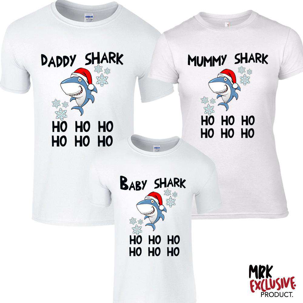 Christmas Shark Family Matching White T-Shirts - Fun Holiday Outfits for Family Photos & Festive Gatherings