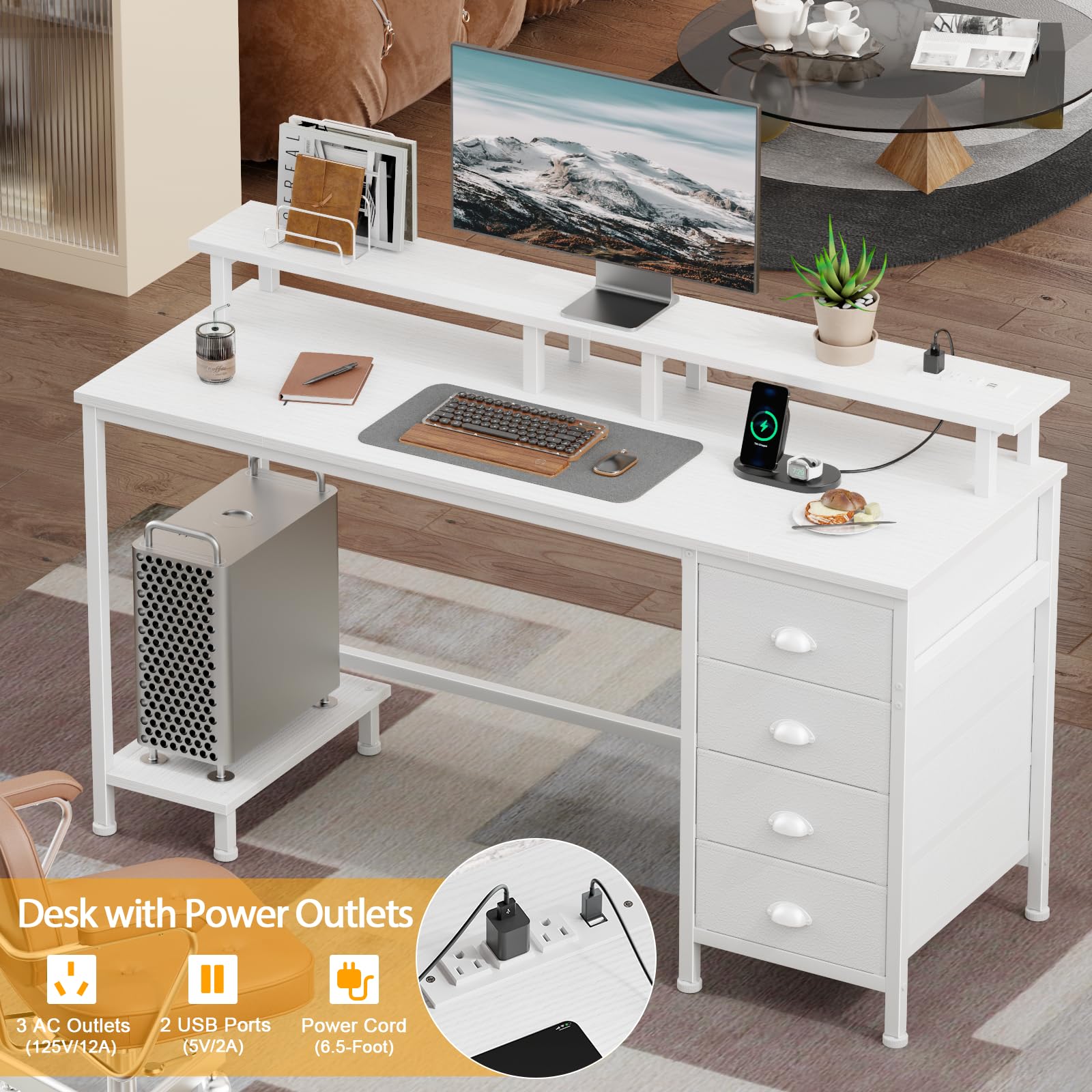 Furologee 47 Inch Computer Desk with 4 Fabric Drawers, Power Outlets & LED Lights - Gaming Desk, Home Office Desk with Monitor Stand & Shelf - Study Writing Desk for Bedroom (White) - Perfect for Small Spaces, Gaming Setups & Remote Work