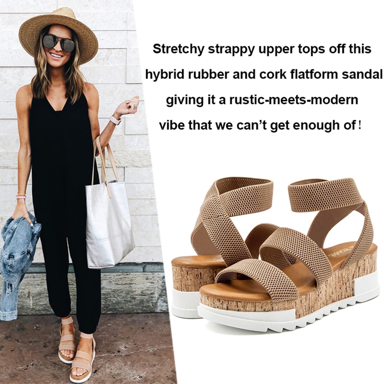 Athlefit Women's Wedge Sandals - Cork Platform Sandals with Elastic Strap | Comfortable Summer Shoes for Beach, Walking & Casual Outfits