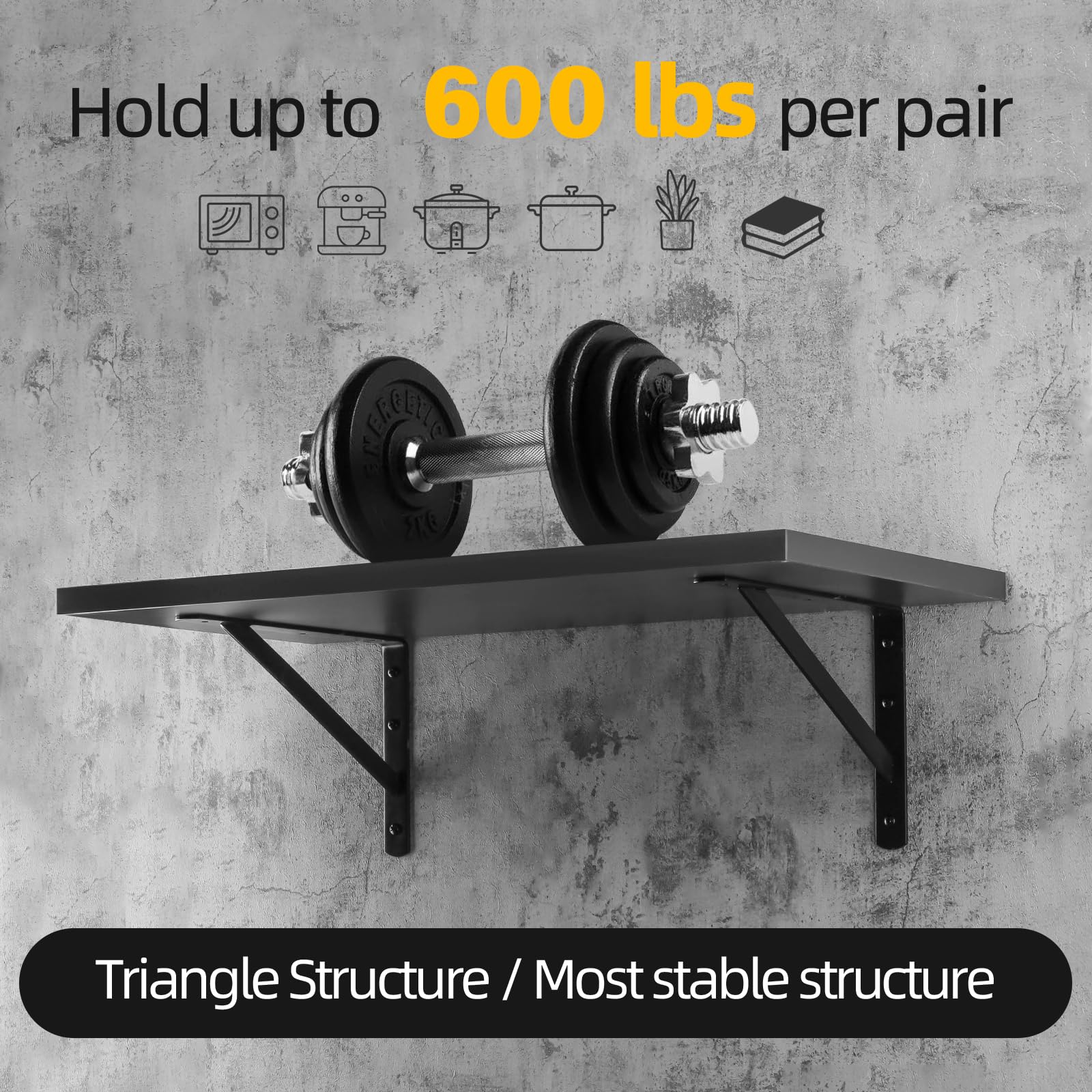 12 x 8 Inch Heavy Duty Shelf Brackets 10-Pack - 600lb Load Capacity, Black Metal 90 Degree L Brackets for Floating Shelves - Wall Mounted Hardware with Screws - Perfect for Garage Storage, Closet Organization & Home Office Shelving