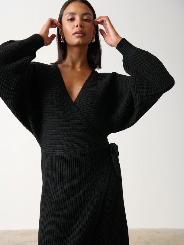 AIDAN Cozy Wrap Knit Dress for Women - Soft Stretchy Black Long Sleeve Dress for Fall & Winter | Perfect for Office, Date Night and Casual Outings