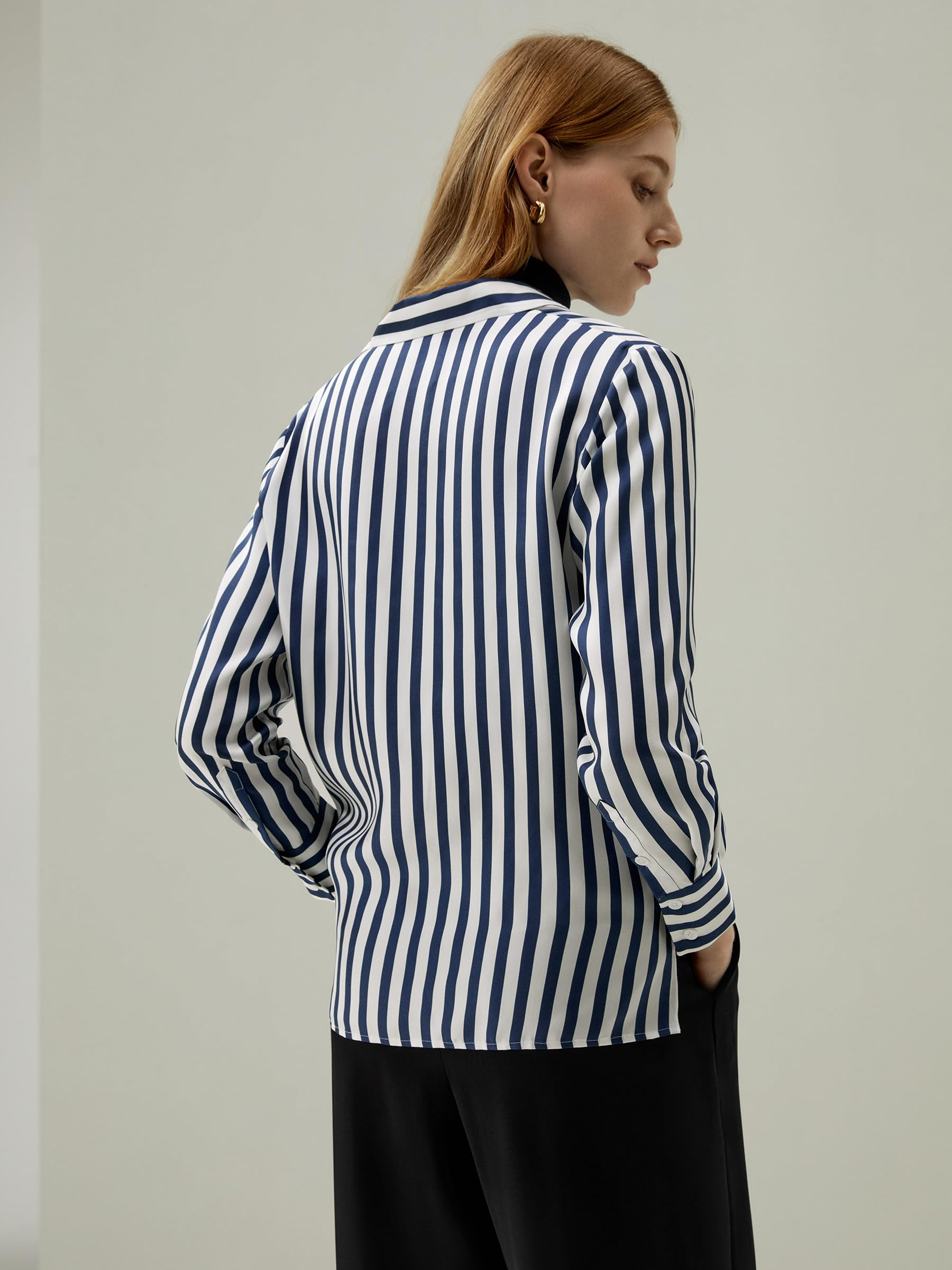 LilySilk Women's 100% Pure Silk Blouse - V-Neck Long Sleeve Blue & White Pinstripe Shirt for Work, Office, and Casual Wear | All-Season Comfort & Elegance | Perfect for Business Meetings, Date Nights, and Professional Outfits