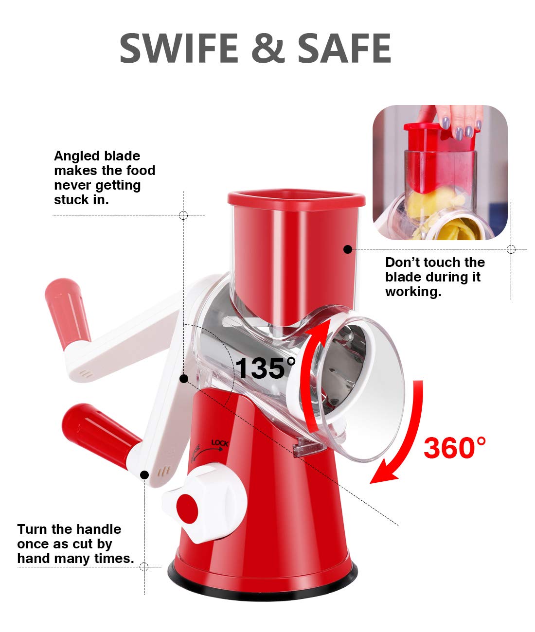 Rotary Cheese Grater Shredder - 3 Interchangeable Blades for Nuts, Carrots, Potatoes & More | Manual Round Mandolin Slicer | Safe Kitchen Grinder for Garlic, Walnuts & Chocolate (Red) | Perfect for Salads, Pasta Toppings & Baking Prep