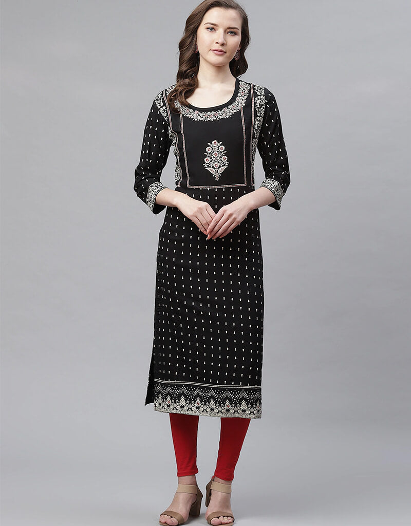 Stylish Black Viscose Rayon Anarkali Kurti for Women - Elegant Indian Ethnic Dress for Parties, Weddings & Festive Occasions