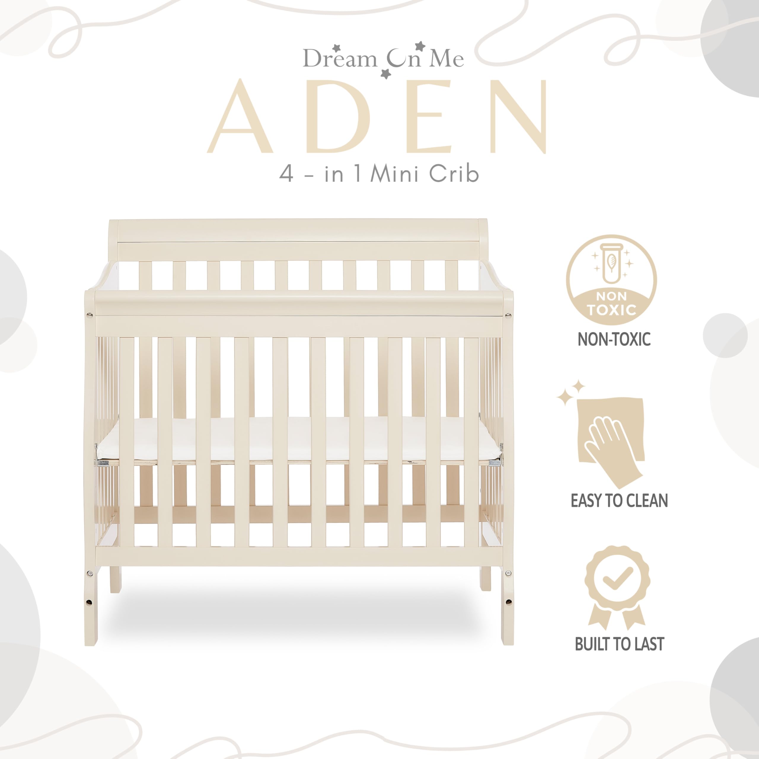 Dream On Me Aden 4-in-1 Convertible Mini Crib - French White | Greenguard Gold Certified | Non-Toxic New Zealand Pinewood | 3 Adjustable Mattress Heights | Perfect for Nursery, Small Spaces & Travel