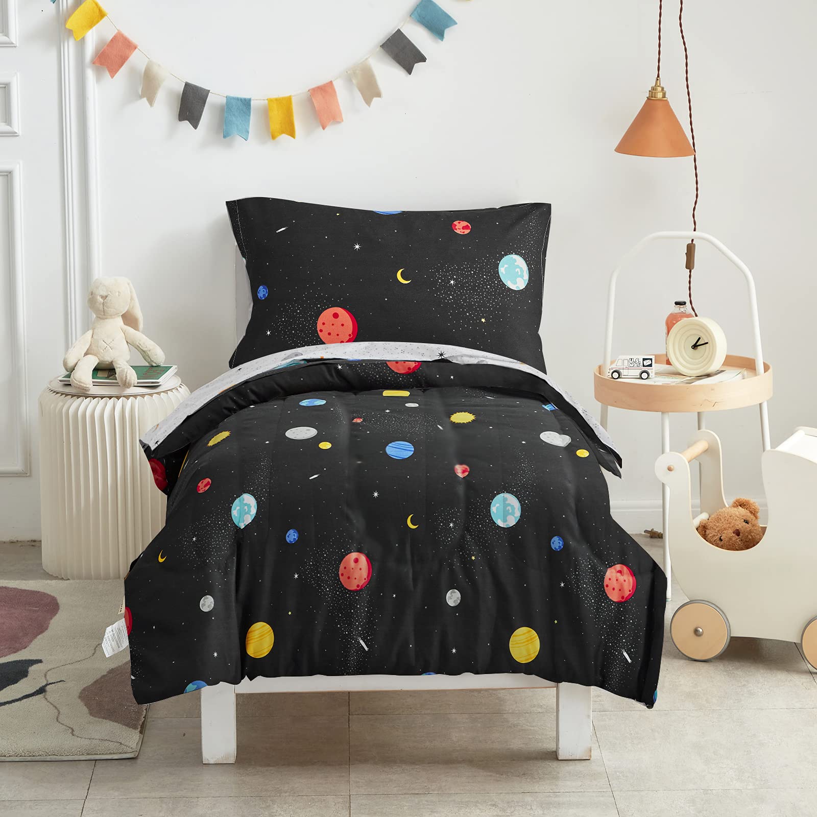 UOZZI 4-Piece Toddler Bedding Set - Black Space Theme with Stars & Planets | Soft Comforter, Fitted Sheet, Flat Sheet & Pillowcase | Perfect for Kids' Room, Nursery & Space-Themed Decor