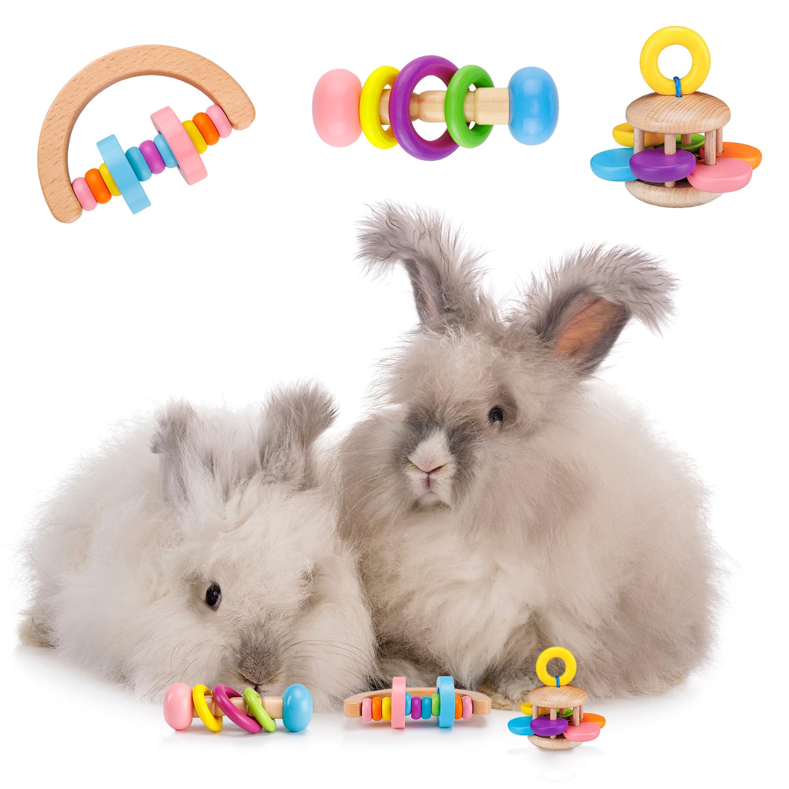 MEWTOGO 3-Piece Wooden Bunny Chew Toys for Small Pets - Safe & Durable Rabbit Toys for Guinea Pigs, Chinchillas, Hamsters - Bite-Resistant Teeth Grinding Activity - Perfect for Indoor/Outdoor Play & Bunny Gifts