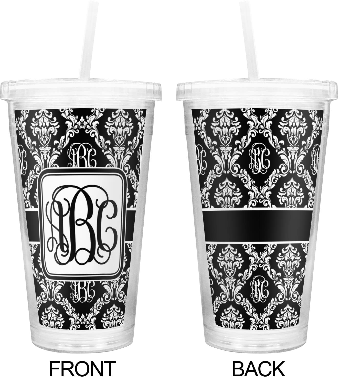 Personalized Monogrammed Damask Double Wall Stainless Steel Tumbler with Straw and Lid - 20oz Insulated Travel Mug for Coffee, Tea & Cold Drinks - Perfect Gift for Office, Gym, Camping and Outdoor Activities