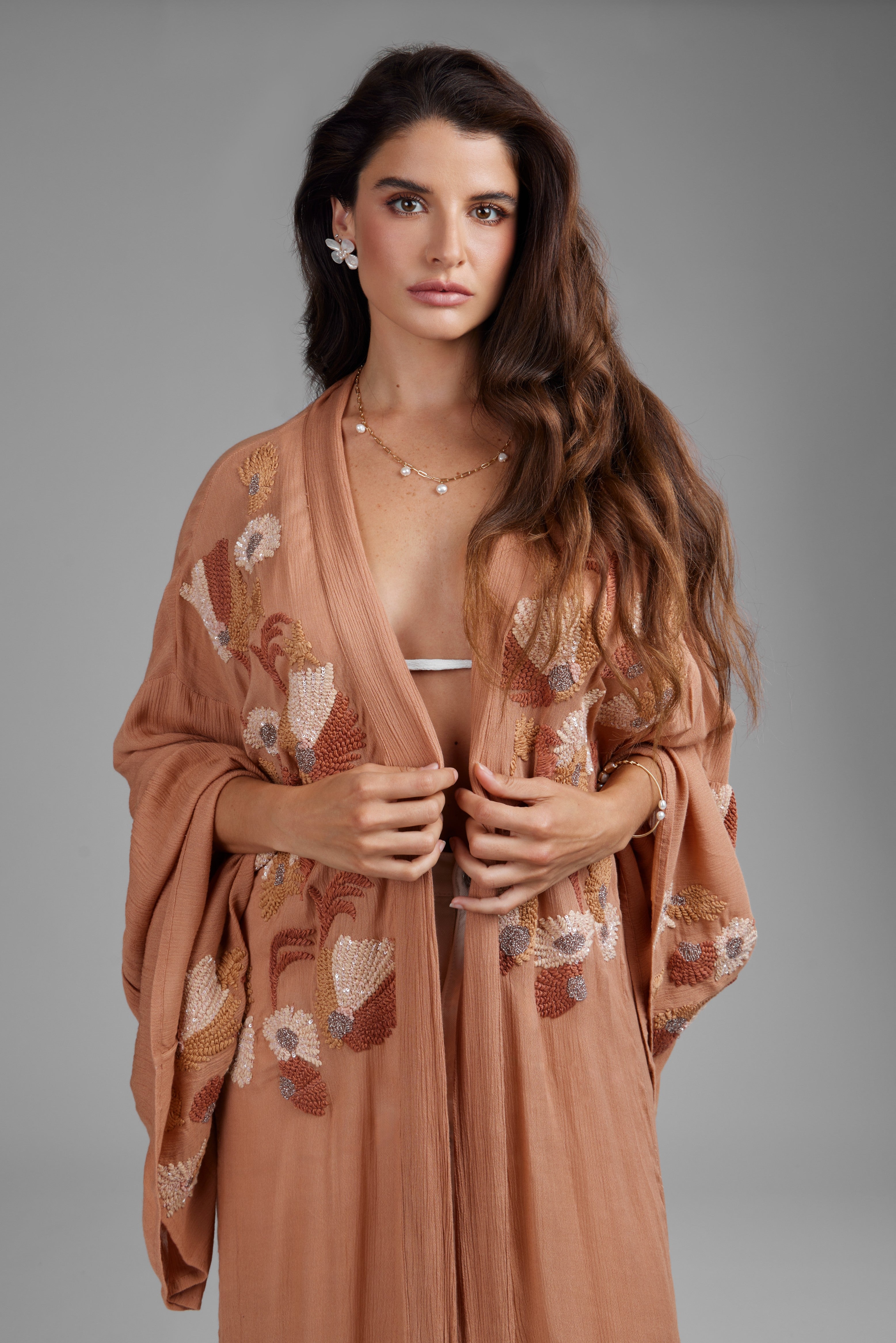 Floral Embellished Long Kimono Robe - Elegant Boho Cover Up for Women - Perfect for Beach, Pool, Vacation & Loungewear