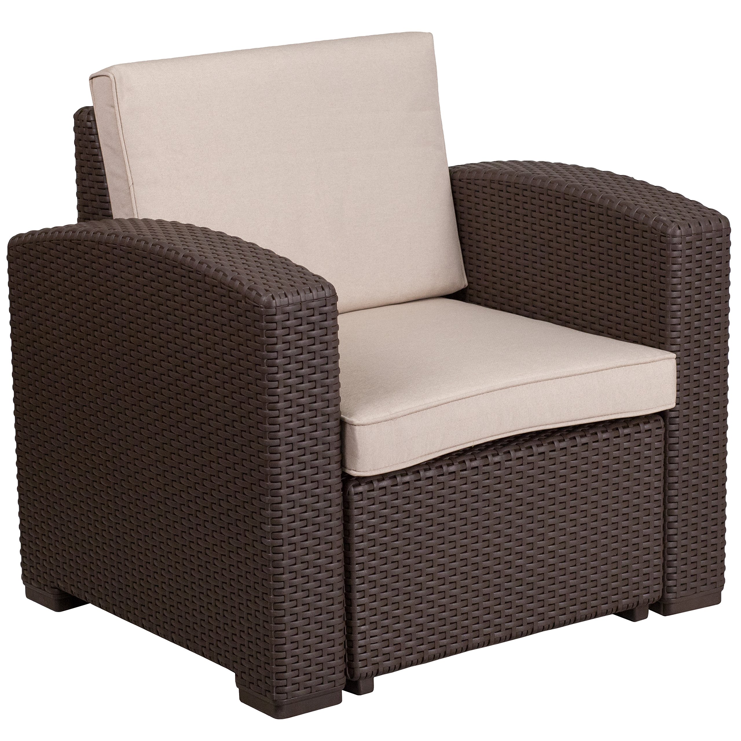 Emma & Oliver Chocolate Brown Faux Rattan Accent Chair with Beige Cushion - Boho Patio Furniture for Outdoor Garden, Porch, and Living Room Decor