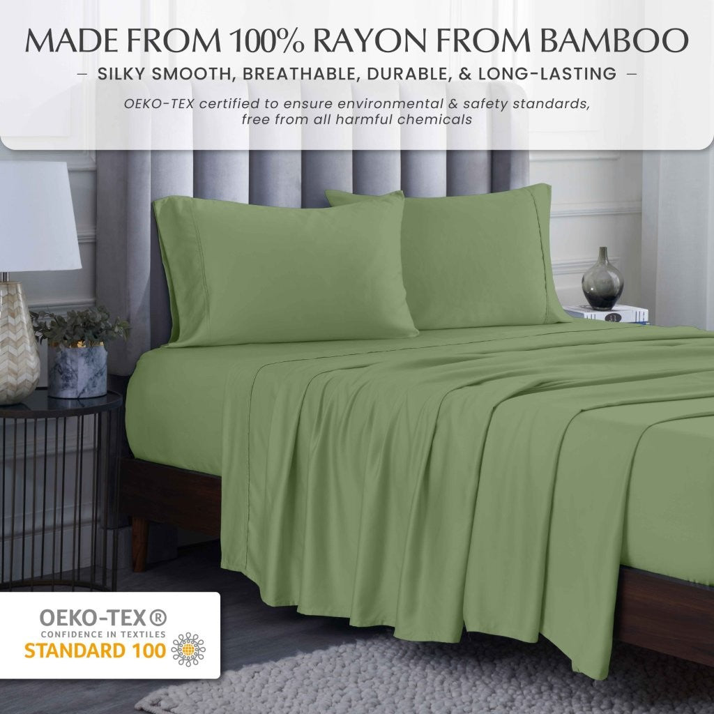 300 Thread Count Rayon From Bamboo Solid Deep Pocket Sheet Set - Ultra Soft & Breathable Bed Sheets for Queen Size Mattress - Perfect for All-Season Comfort & Luxury Bedroom Decor