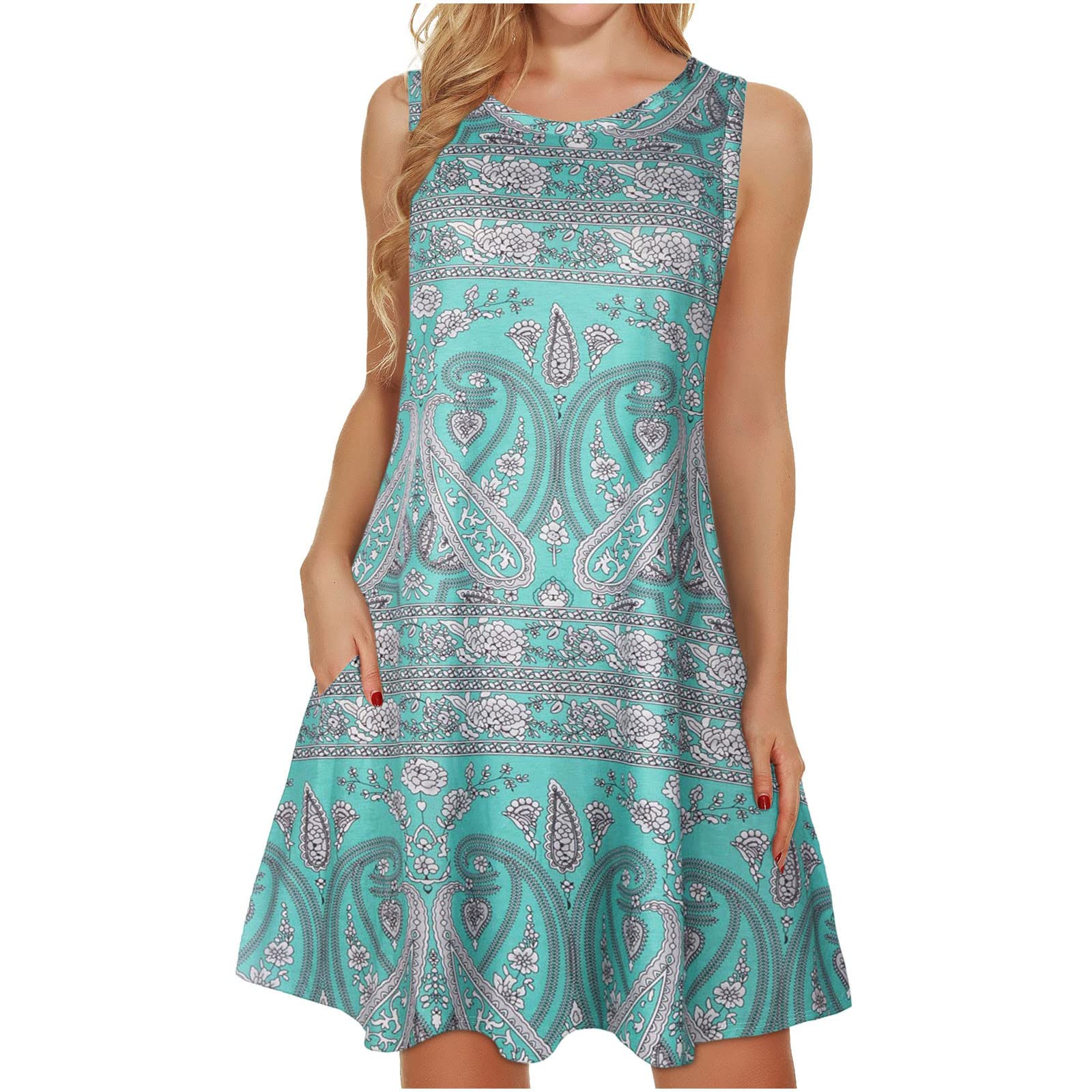 Women's Sleeveless Summer Casual T-Shirt Dress with Pockets - Flowy Loose A-Line Swing Tank Sundress, Round Neck (Green, Medium) | Perfect for Beach, Vacation & Everyday Wear