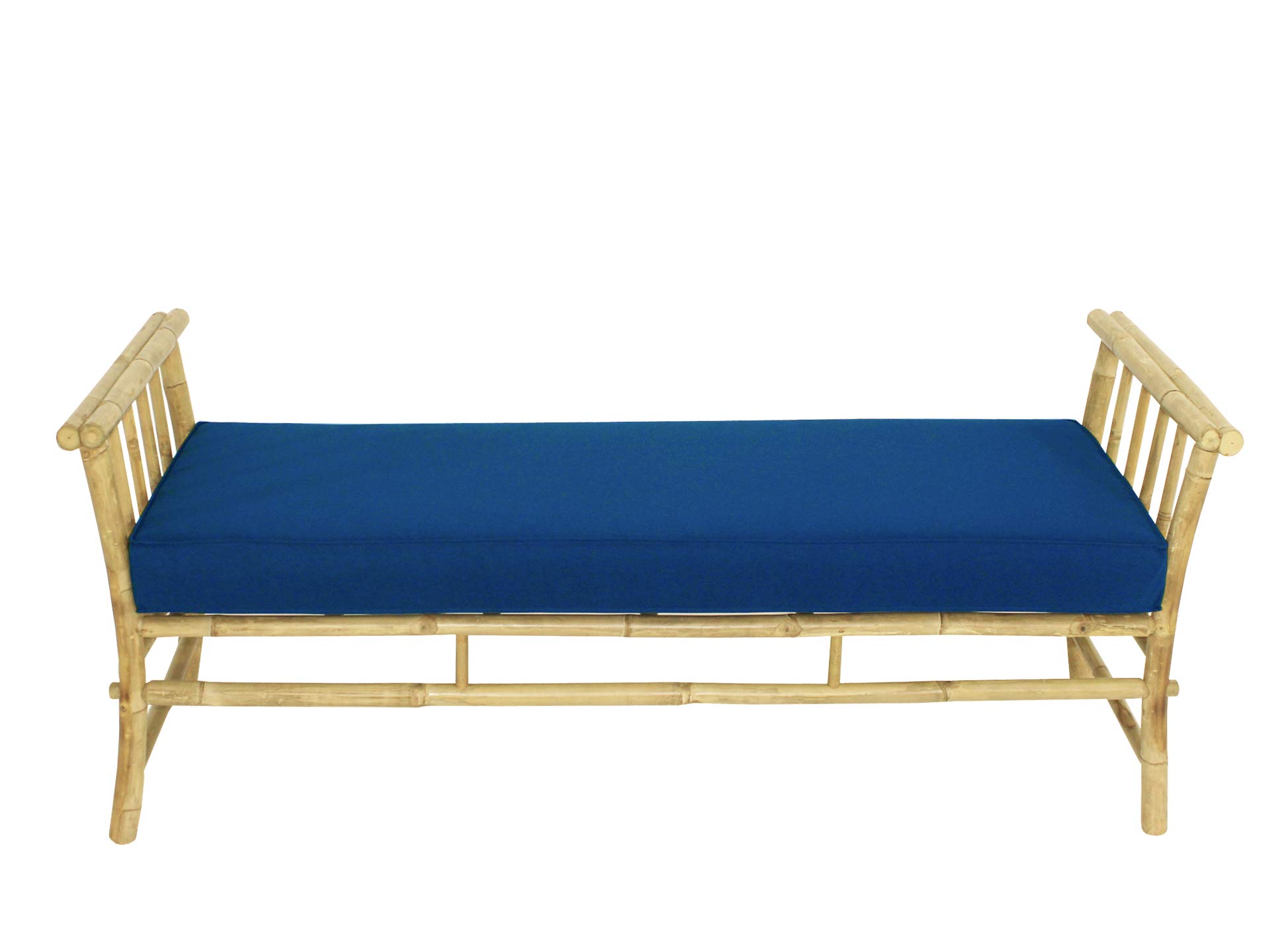 Natural Bamboo Bench Sofa Ottoman Seat with Navy Blue Cushions - Stylish & Durable Indoor/Outdoor Furniture for Patio, Living Room or Bedroom